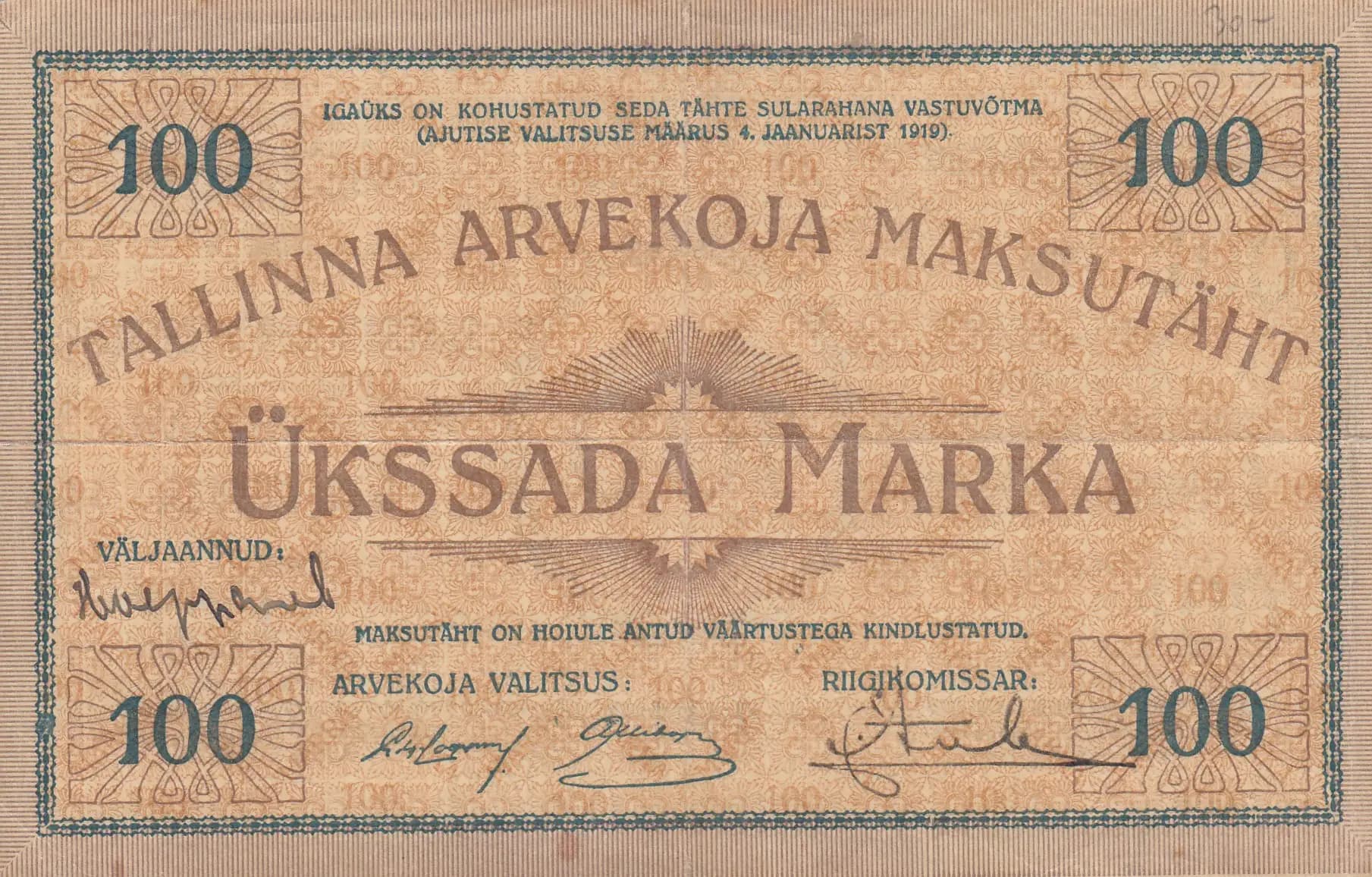 100 marka 1919 from Estonia, P-A3a