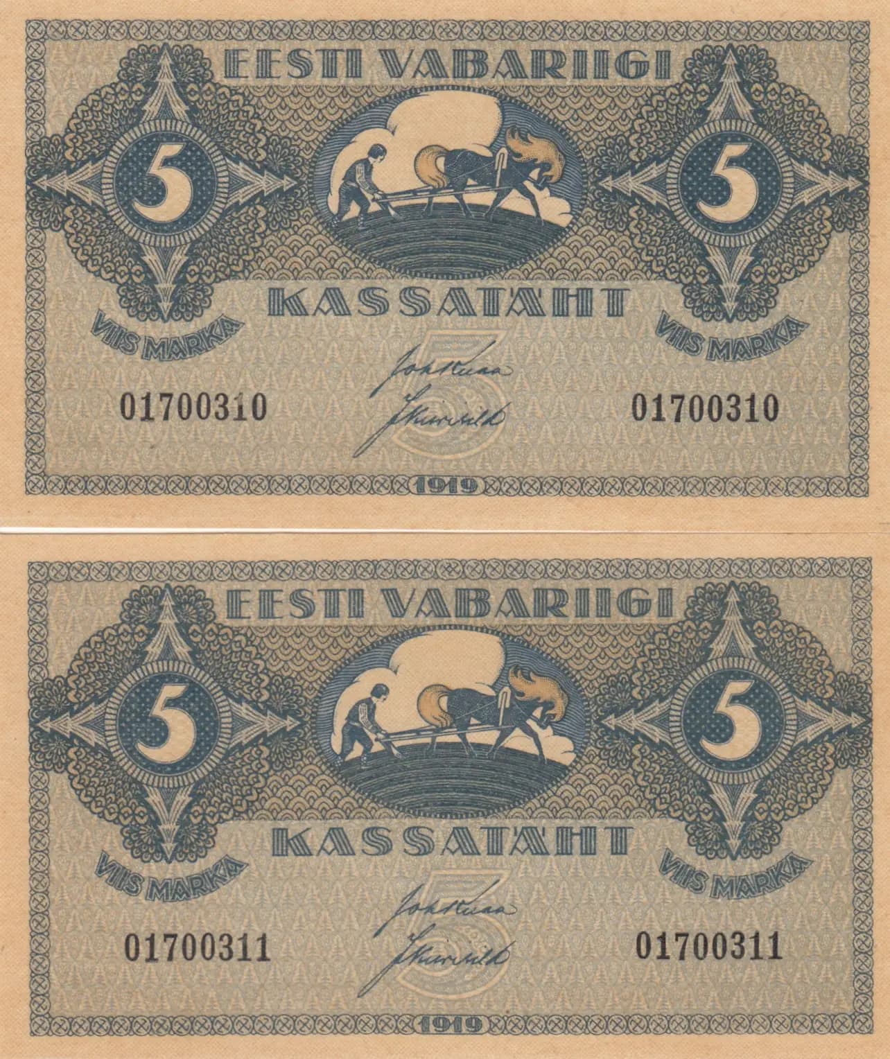 5 marka 1919 pair from Estonia, P-45