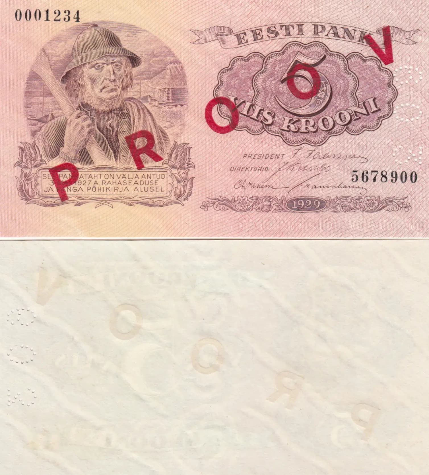 5 krooni 1929 specimen from Estonia, P-62s