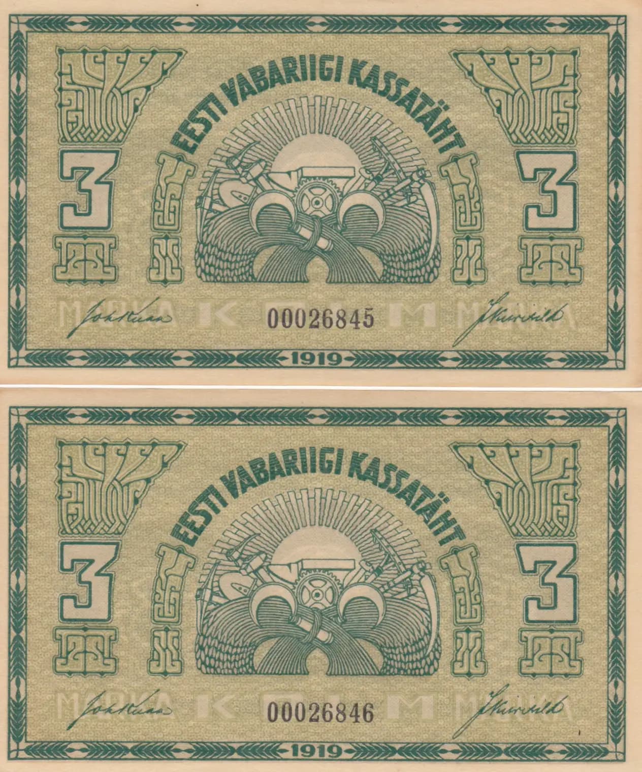 3 marka 1919 pair from Estonia, P-44 (1919) — image 1