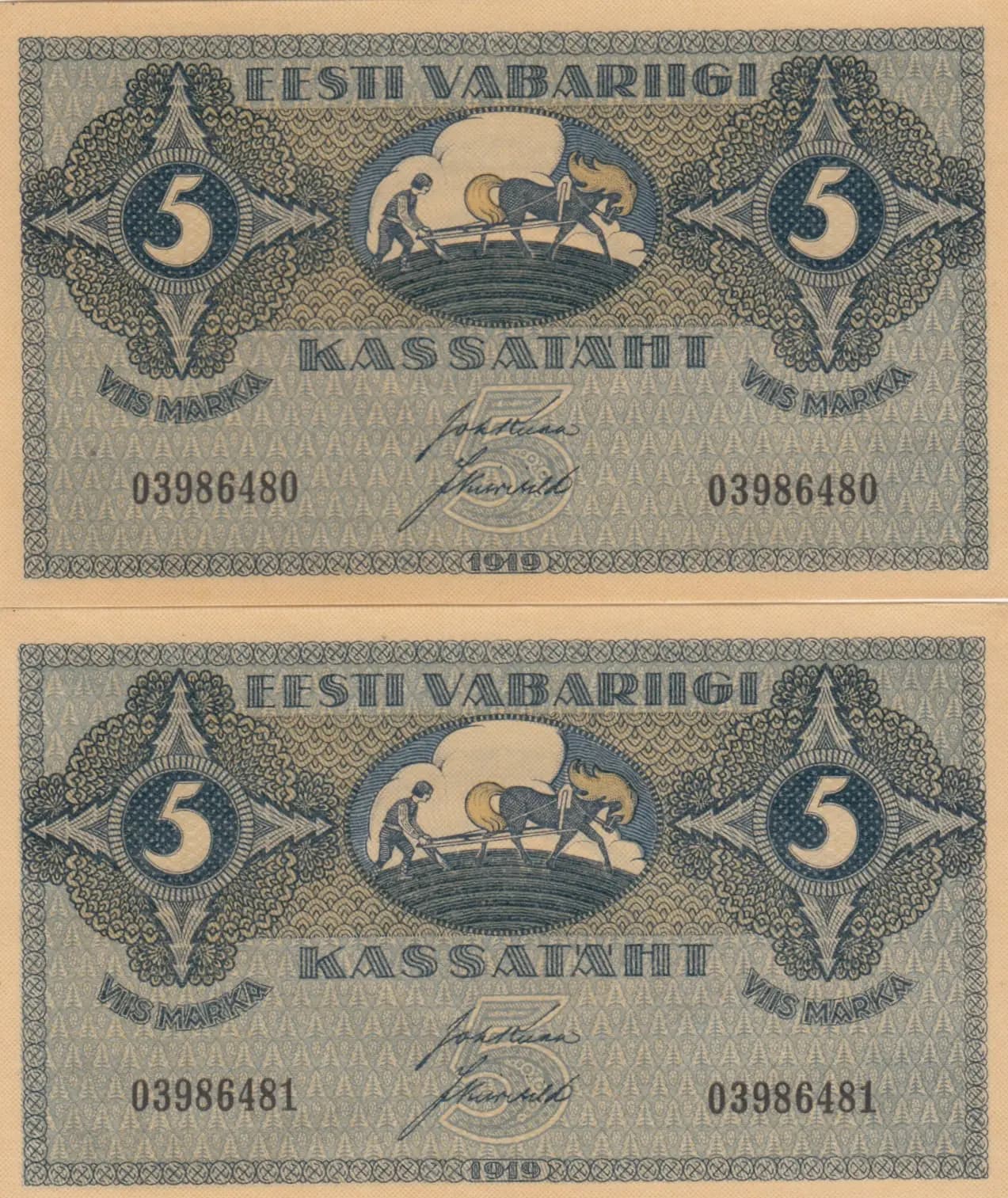 5 marka 1919 pair from Estonia, P-45 (1919) — image 1