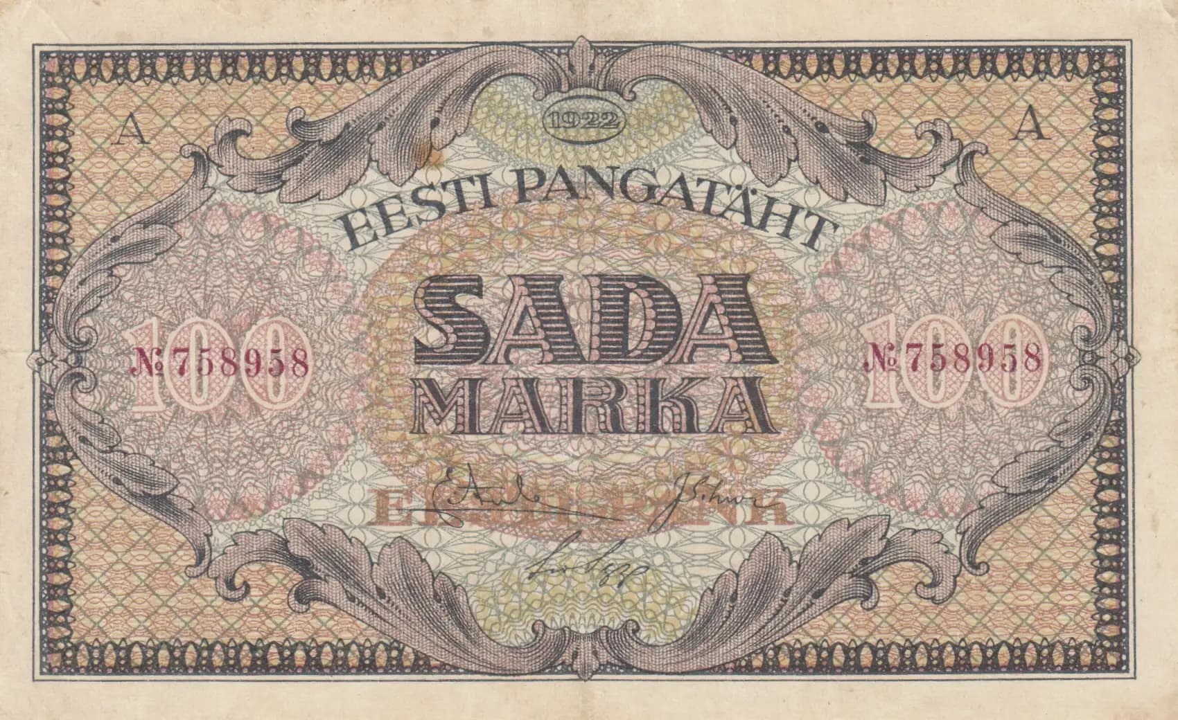 100 marka 1922 from Estonia, P-58