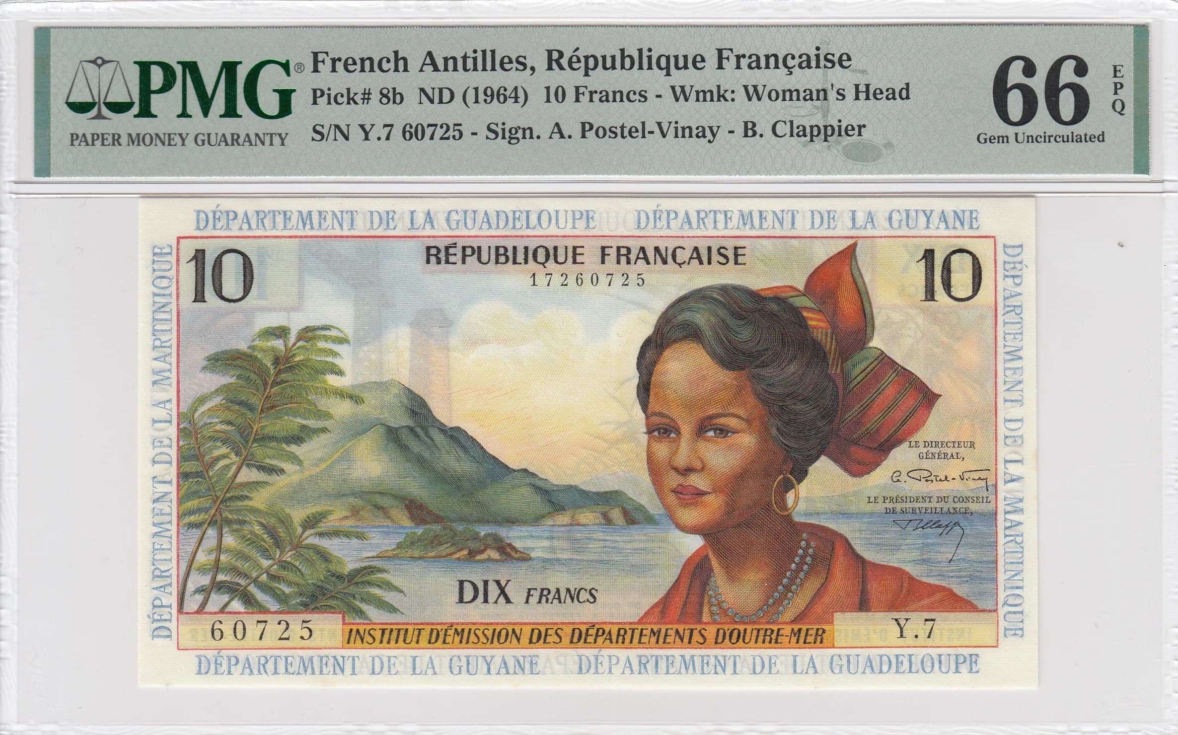 10 francs 1964 from French Antilles, P-8b