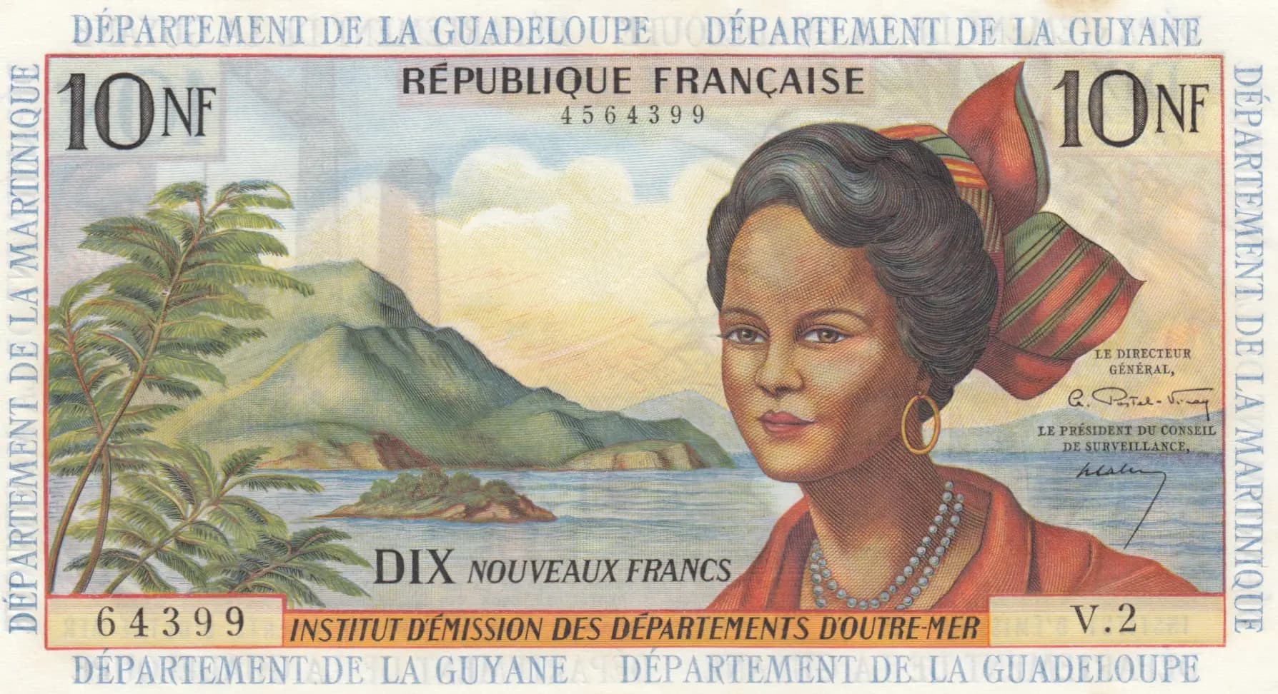 10 nouveaux francs 1963 from French Antilles, P-5