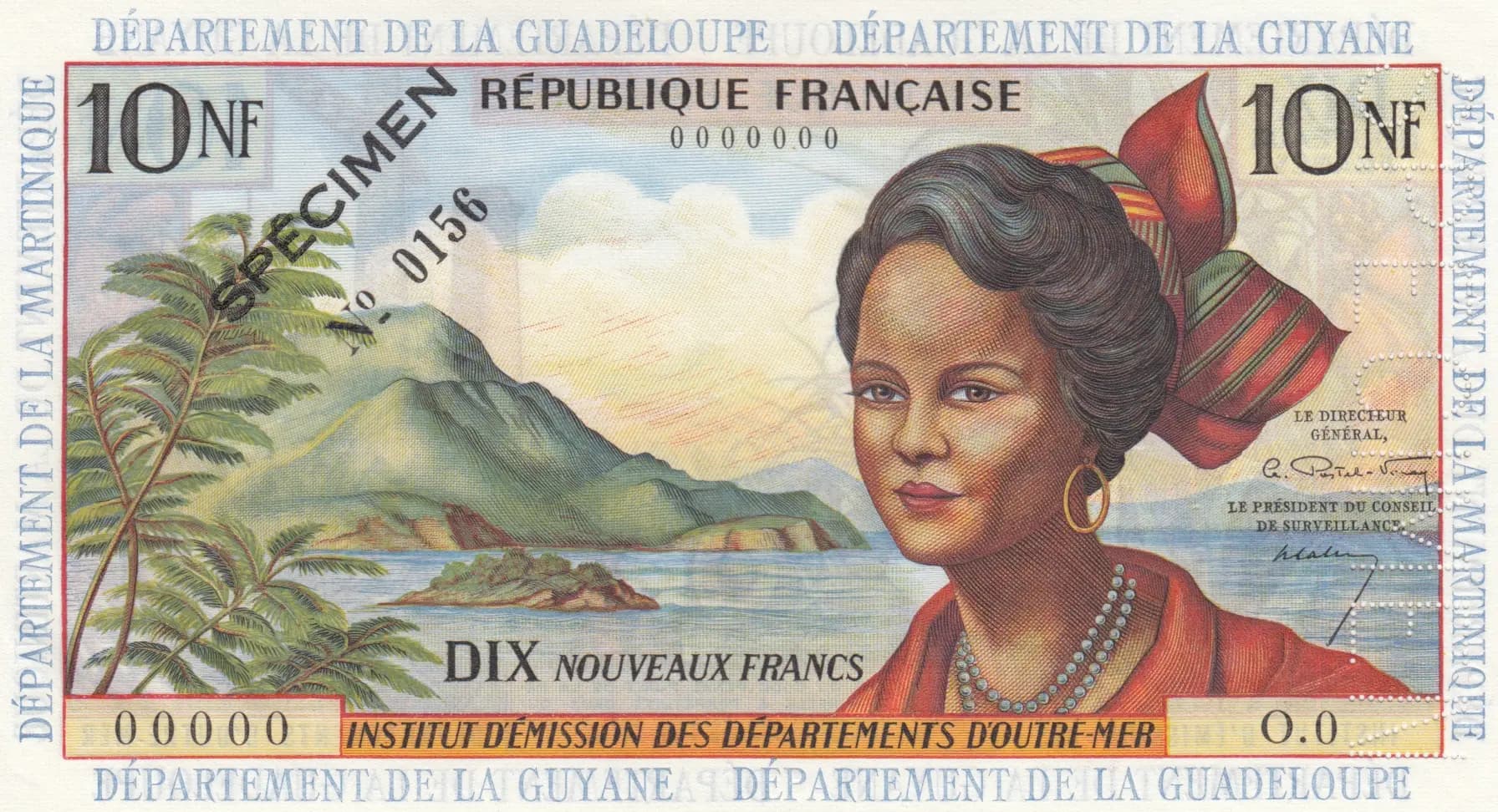 10 nouveaux francs 1963 specimen from French Antilles, P-5s