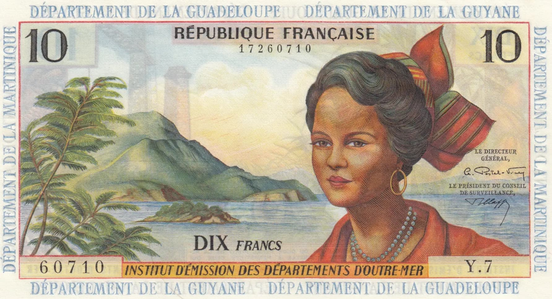 10 francs 1964 from French Antilles, P-8b