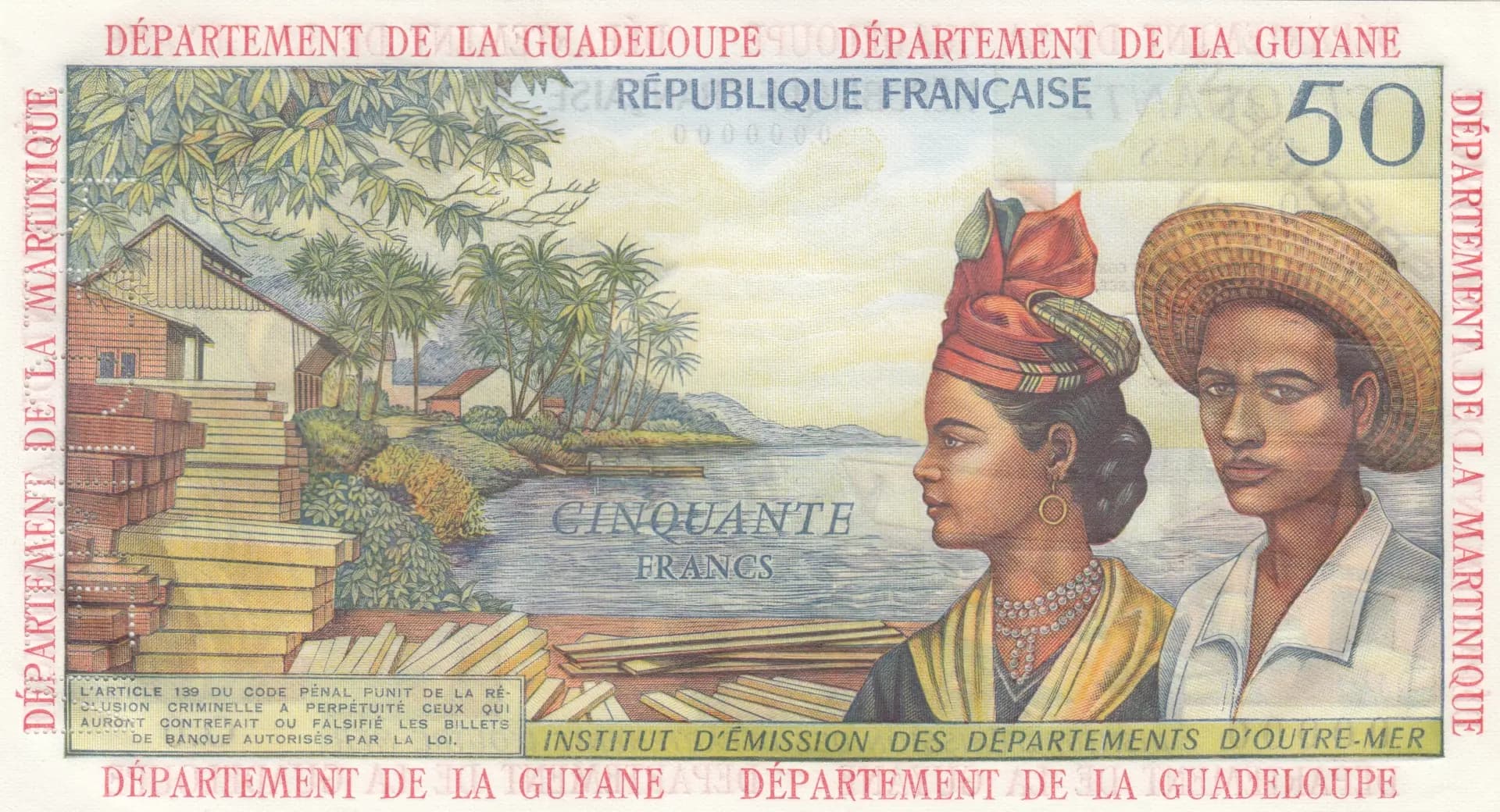 50 francs 1964 specimen from French Antilles, P-9as (1964) — image 2