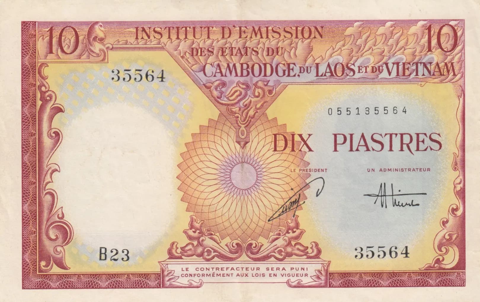 10 piastres 1953 Vietnam from French Indochina, P-107 (1953) — image 1