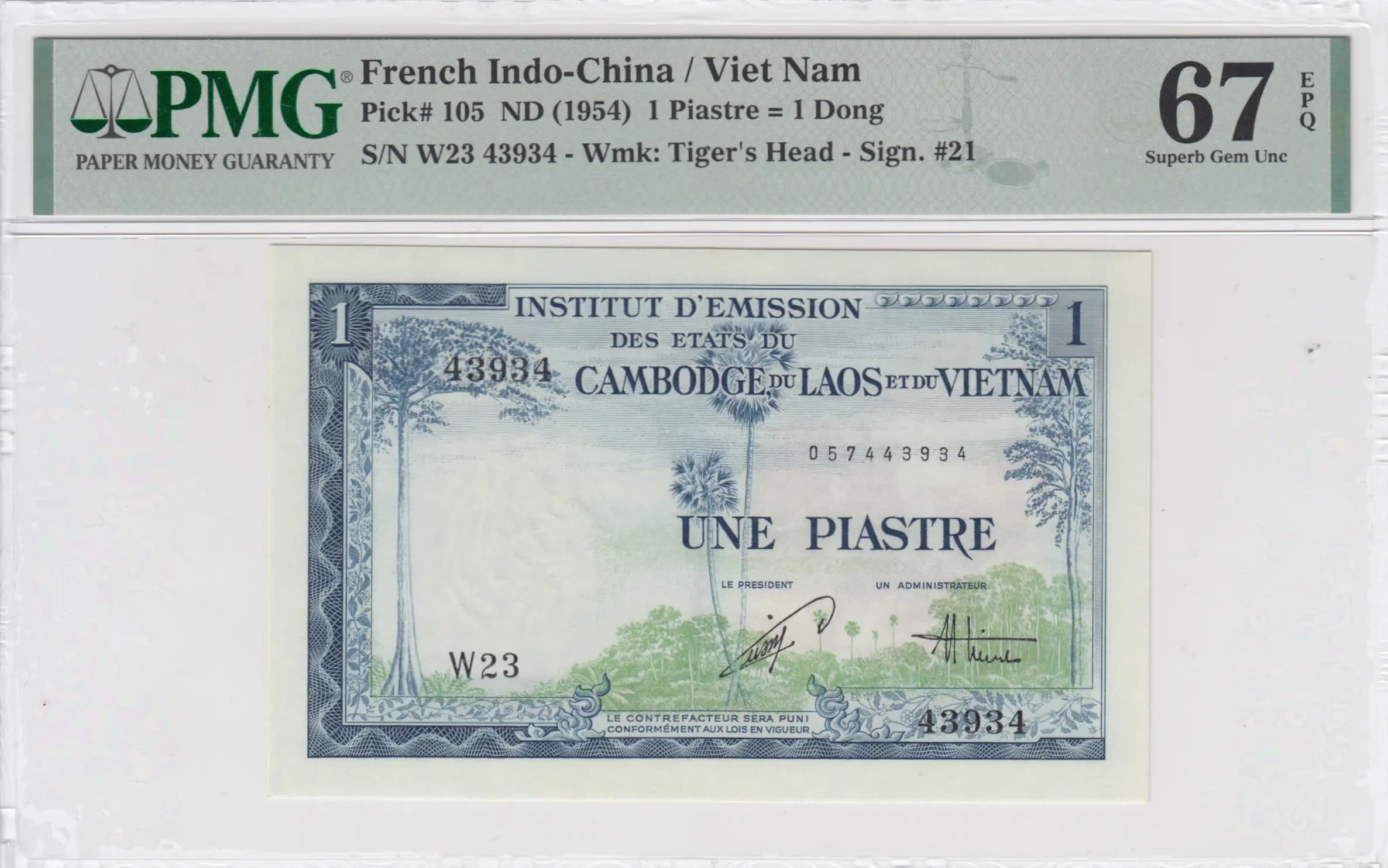 1 piastre= 1 dong 1954 from French Indochina, P-105 (1954) — image 1