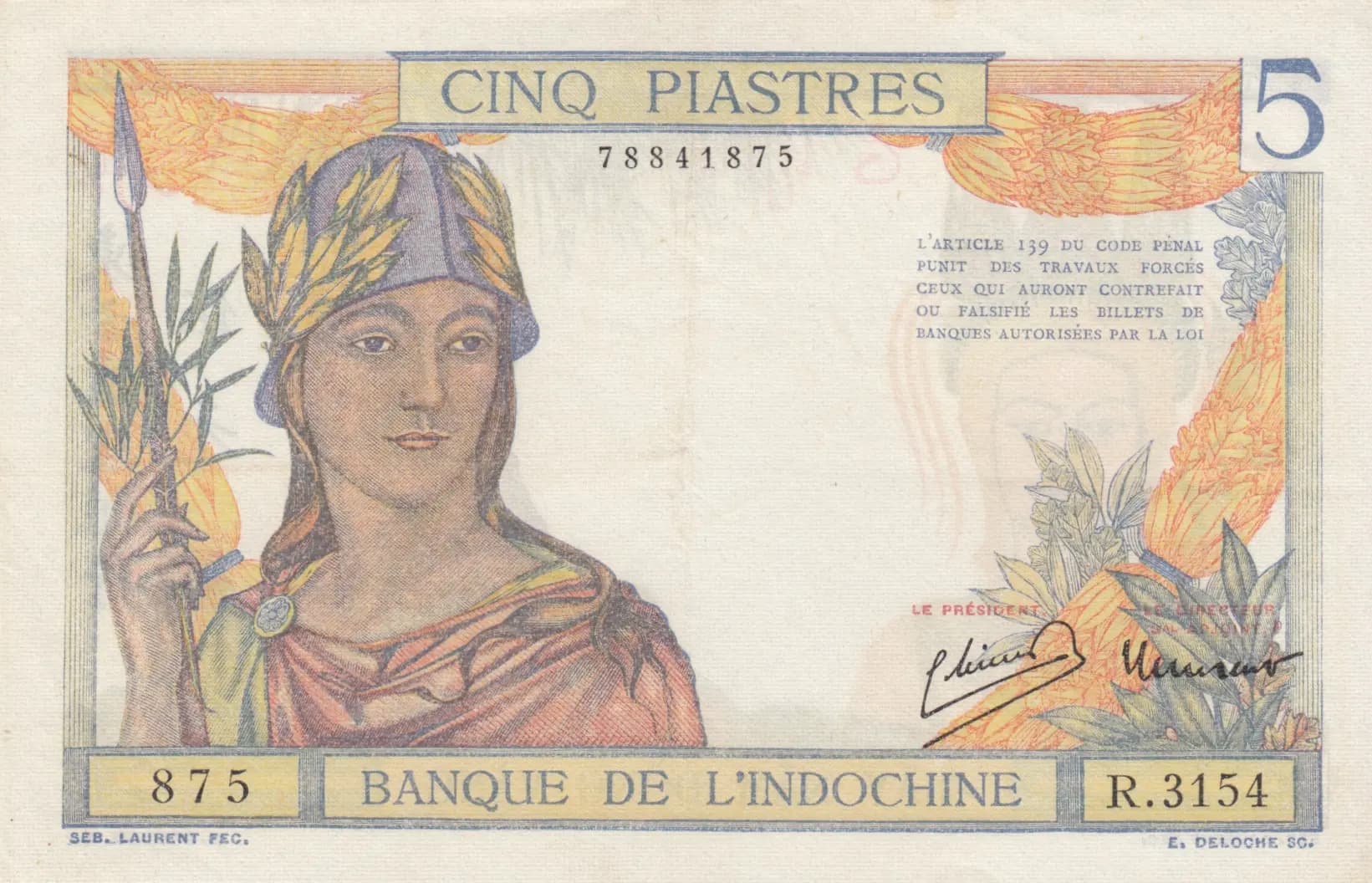 5 piastres 1936 from French Indochina, P-55c