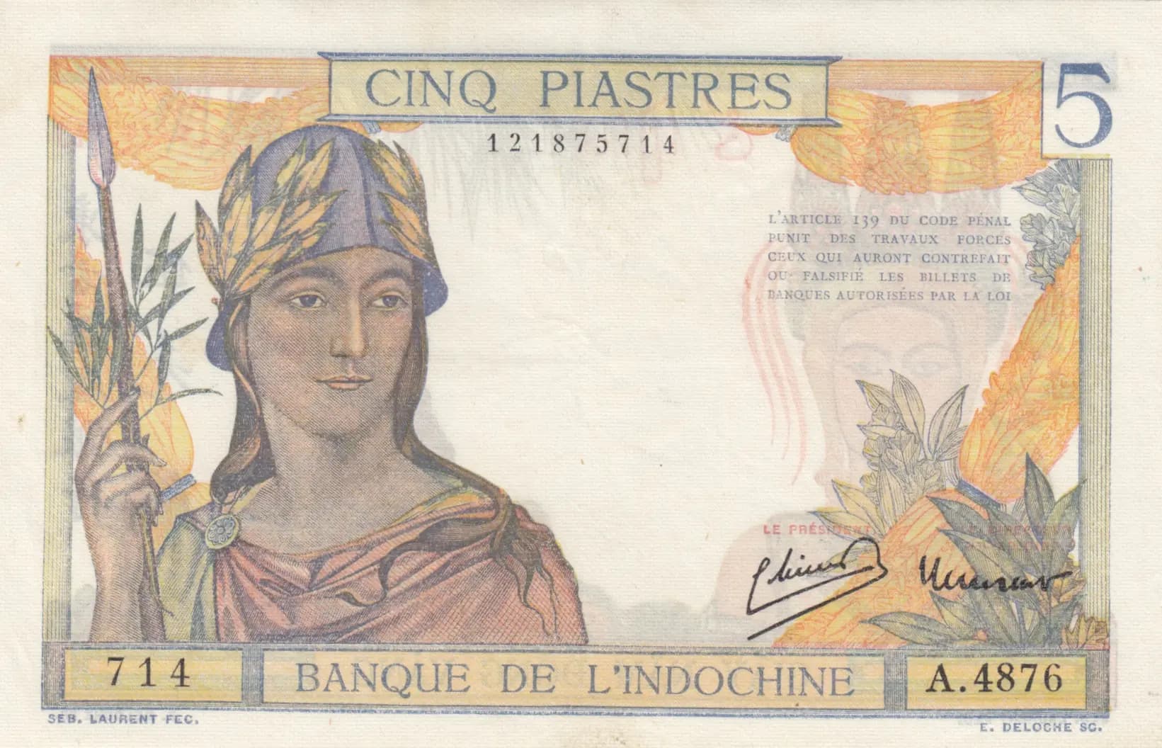 5 piastres 1936 from French Indochina, P-55d