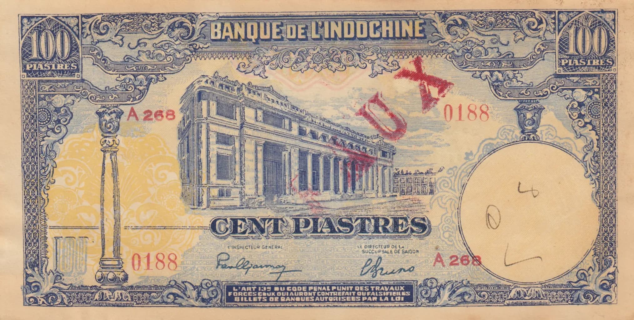 100 piastres 1946 from French Indochina, P-79x (1946) — image 1