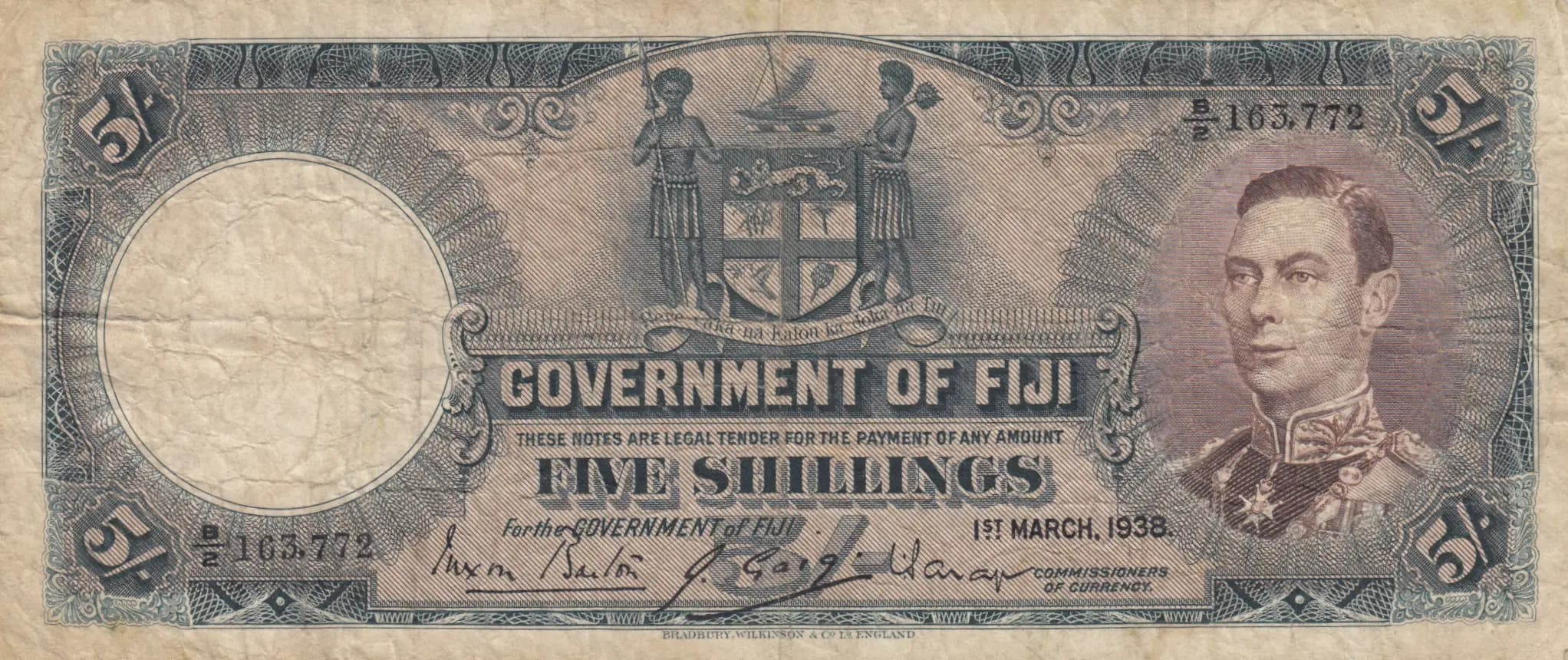 5 shillings 1938 from Fiji, P-37b