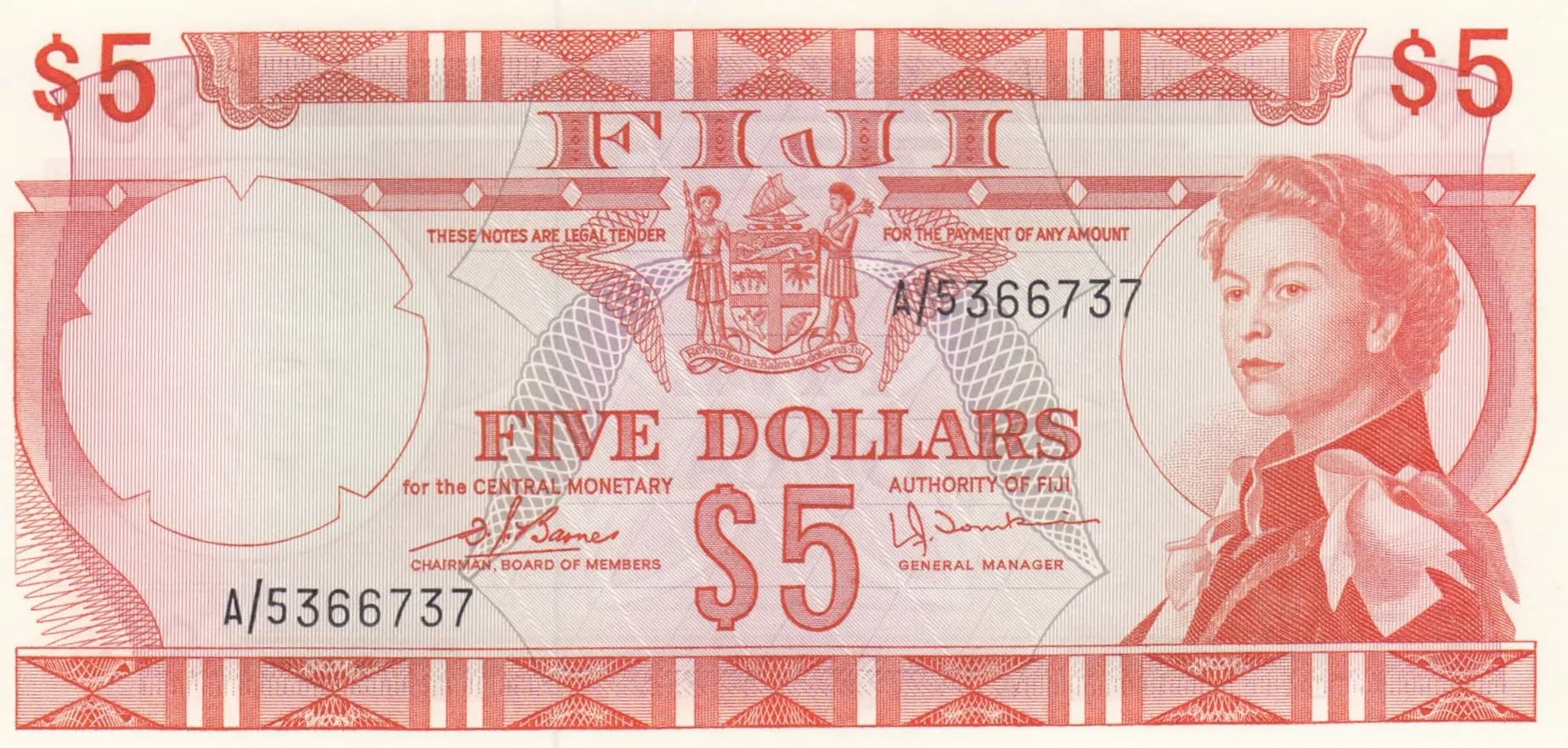5 dollars 1974 from Fiji, P-73c