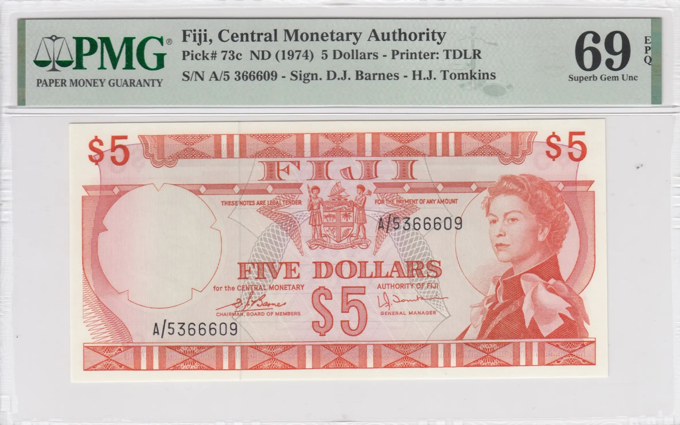 5 dollars 1974 from Fiji, P-73c (1974) — image 1