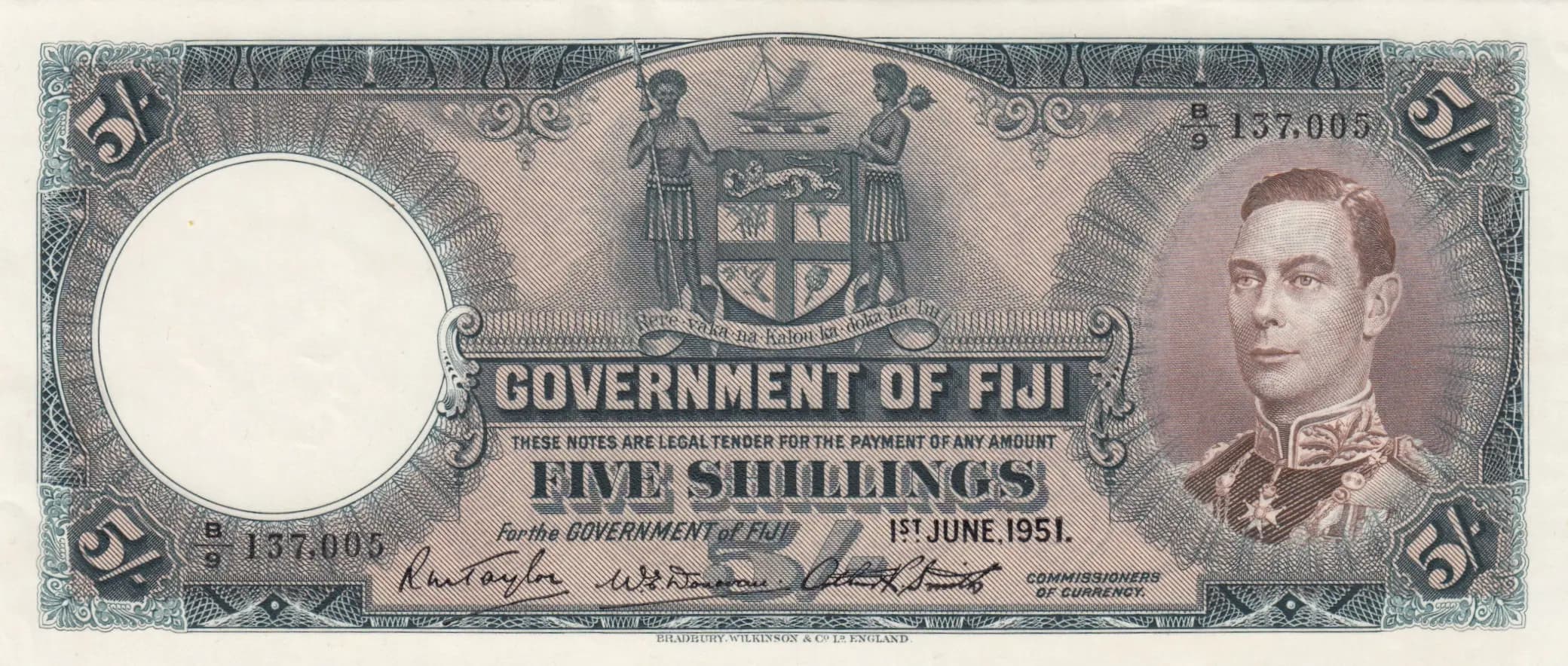5 shillings 1951 from Fiji, P-37k
