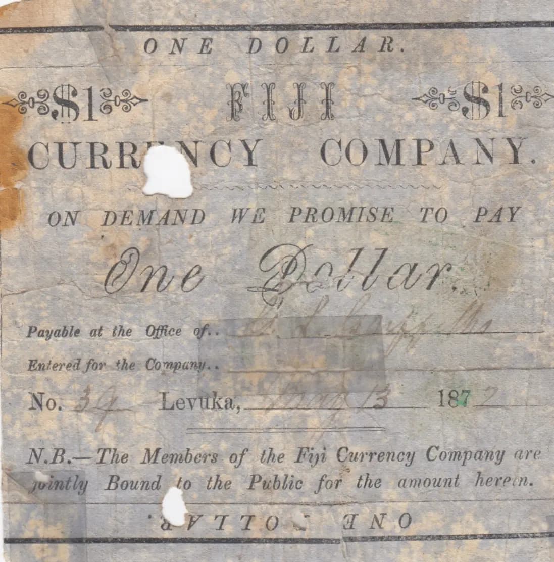 1 dollar 1872 from Fiji, P-unlisted