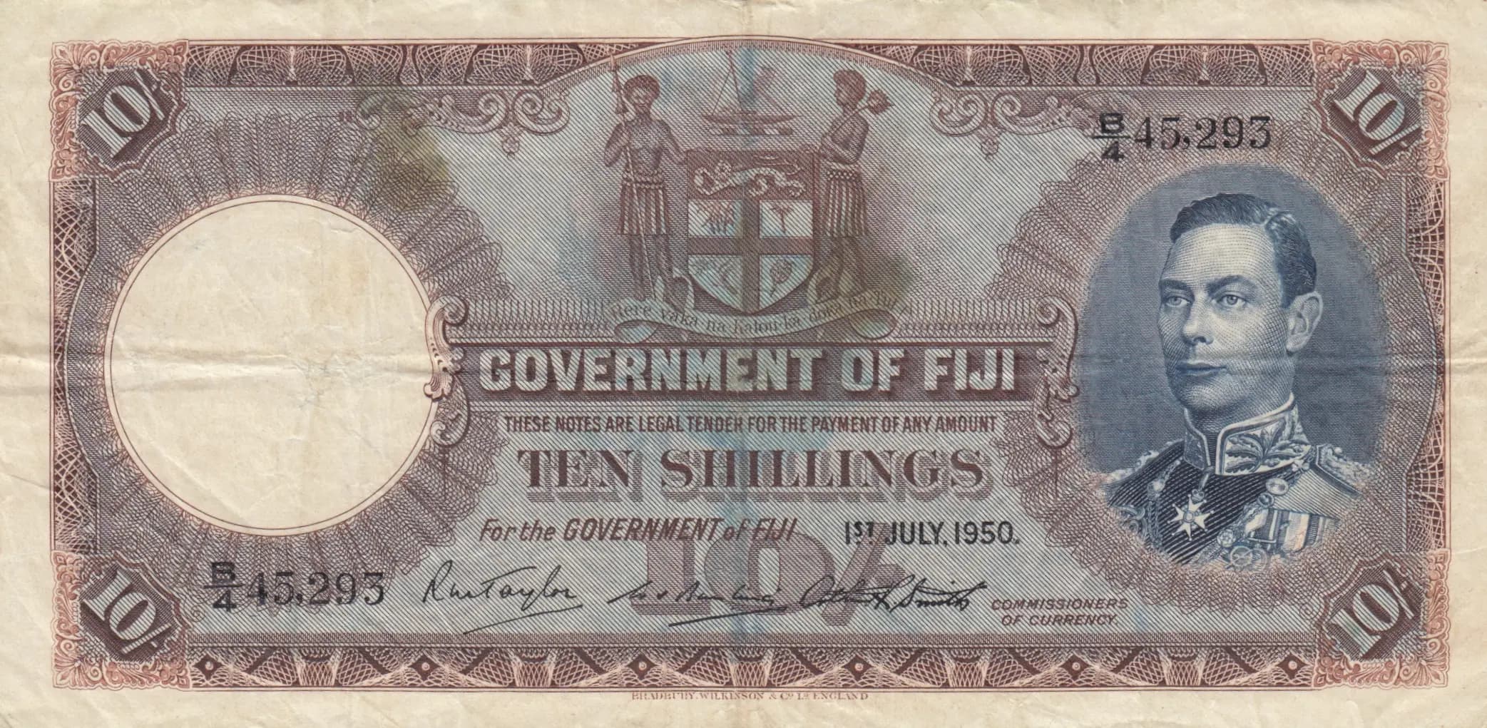 10 shillings 1950 from Fiji, P-38j