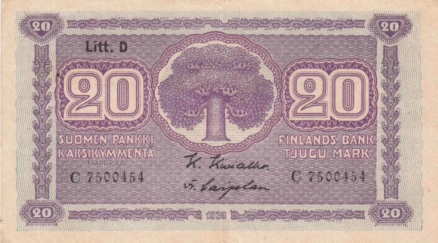 20 markkaa 1939 from Finland, P-71 (1939) — image 1
