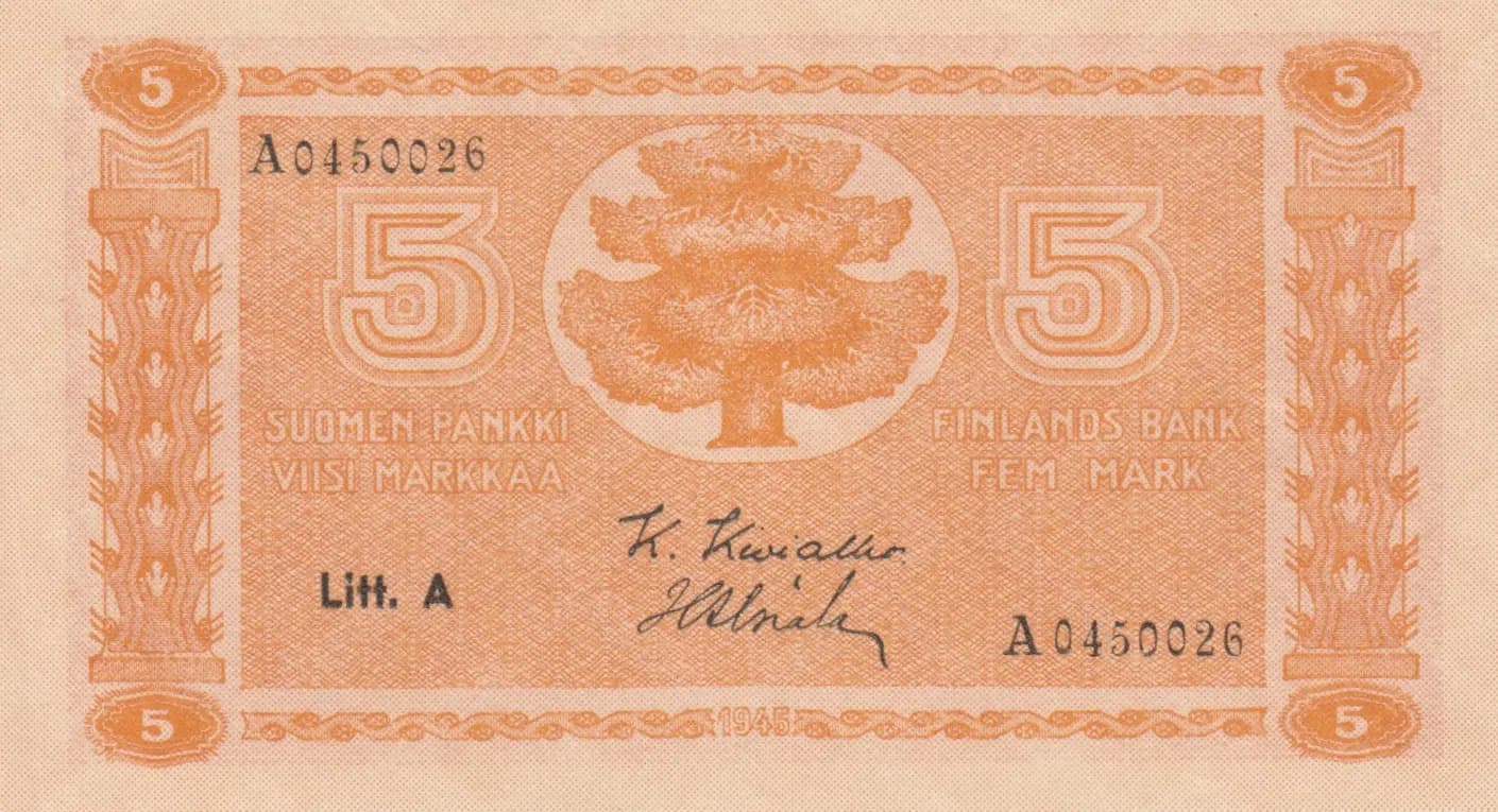 5 markkaa 1945 from Finland, P-76