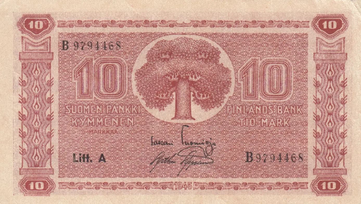 10 markkaa 1945 from Finland, P-77 (1945) — image 1