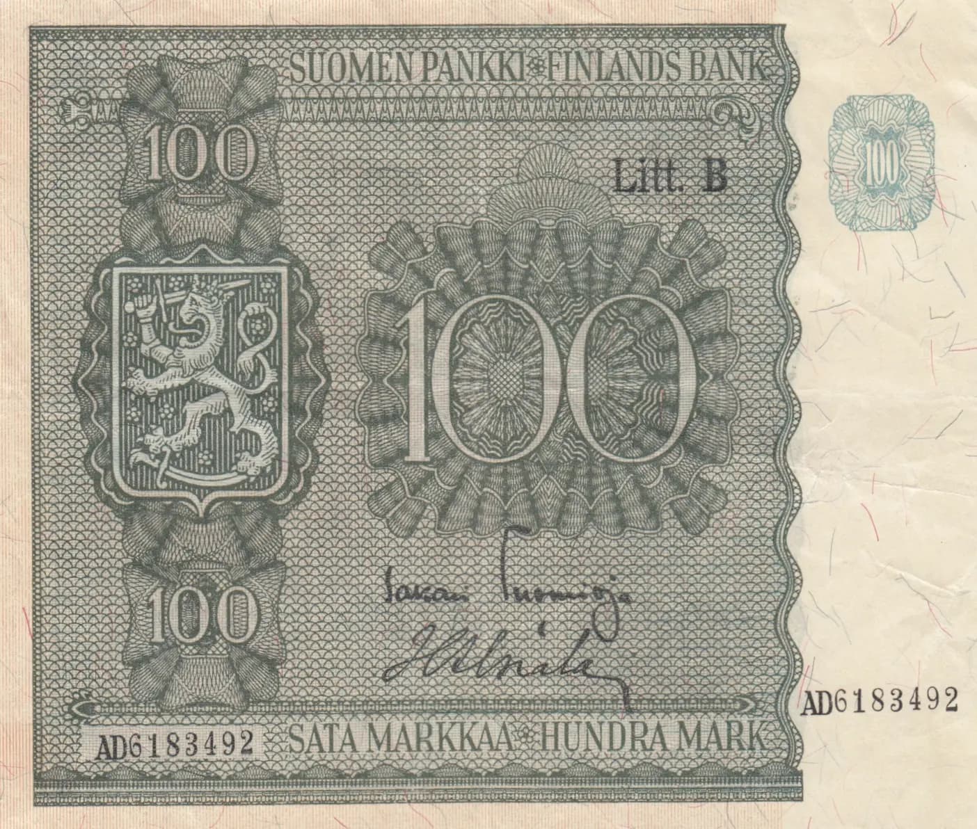 100 markkaa 1945 from Finland, P-88 (1945) — image 1