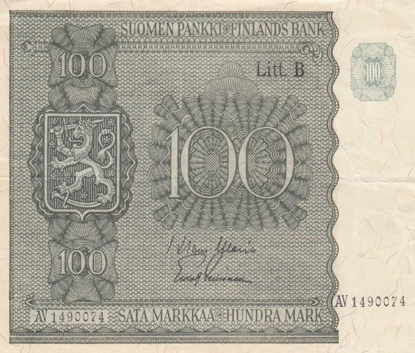 100 markkaa 1945 from Finland, P-88