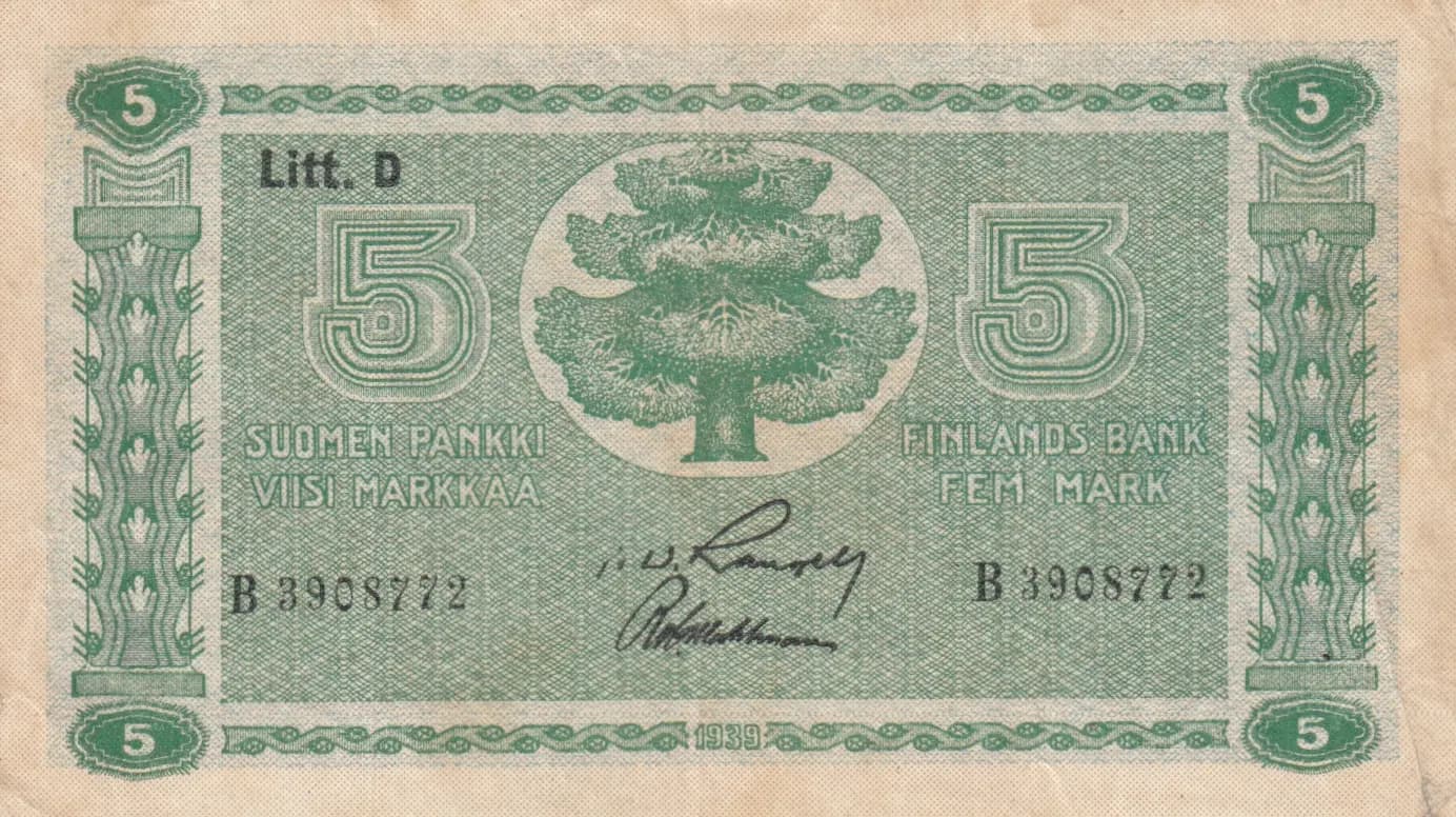 5 markkaa 1939 from Finland, P-69 (1939) — image 1