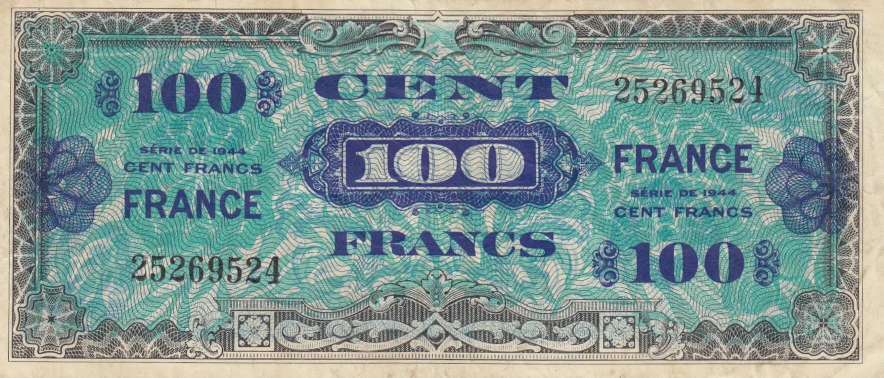 100 francs 1944 from France, P-123a