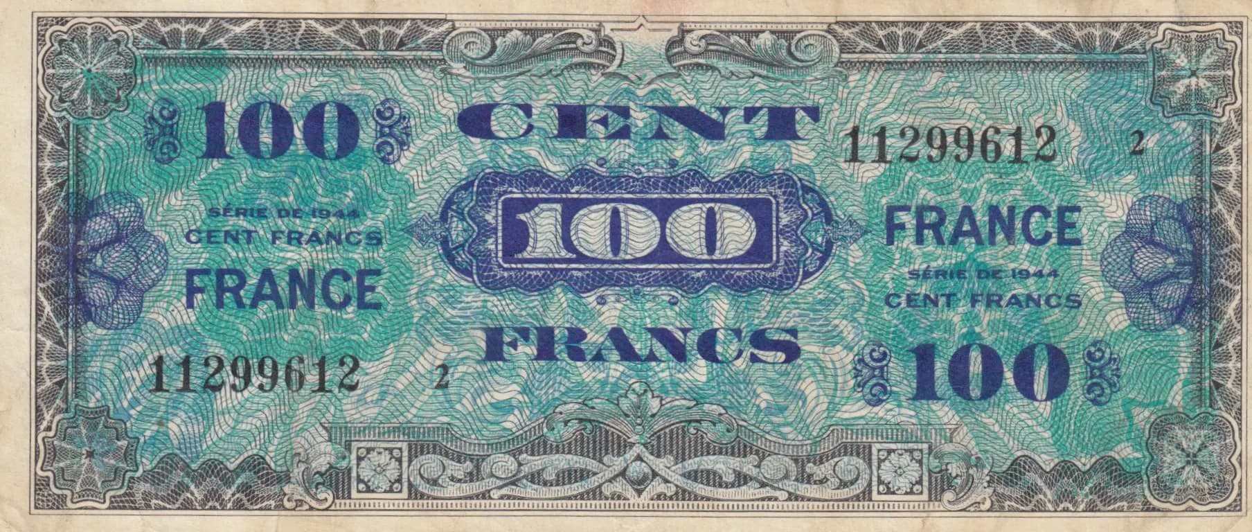 100 francs 1944 from France, P-123b