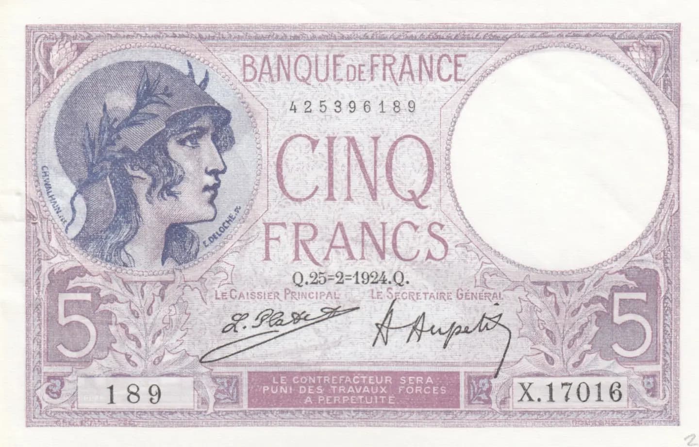 5 francs 1924 from France, P-72c