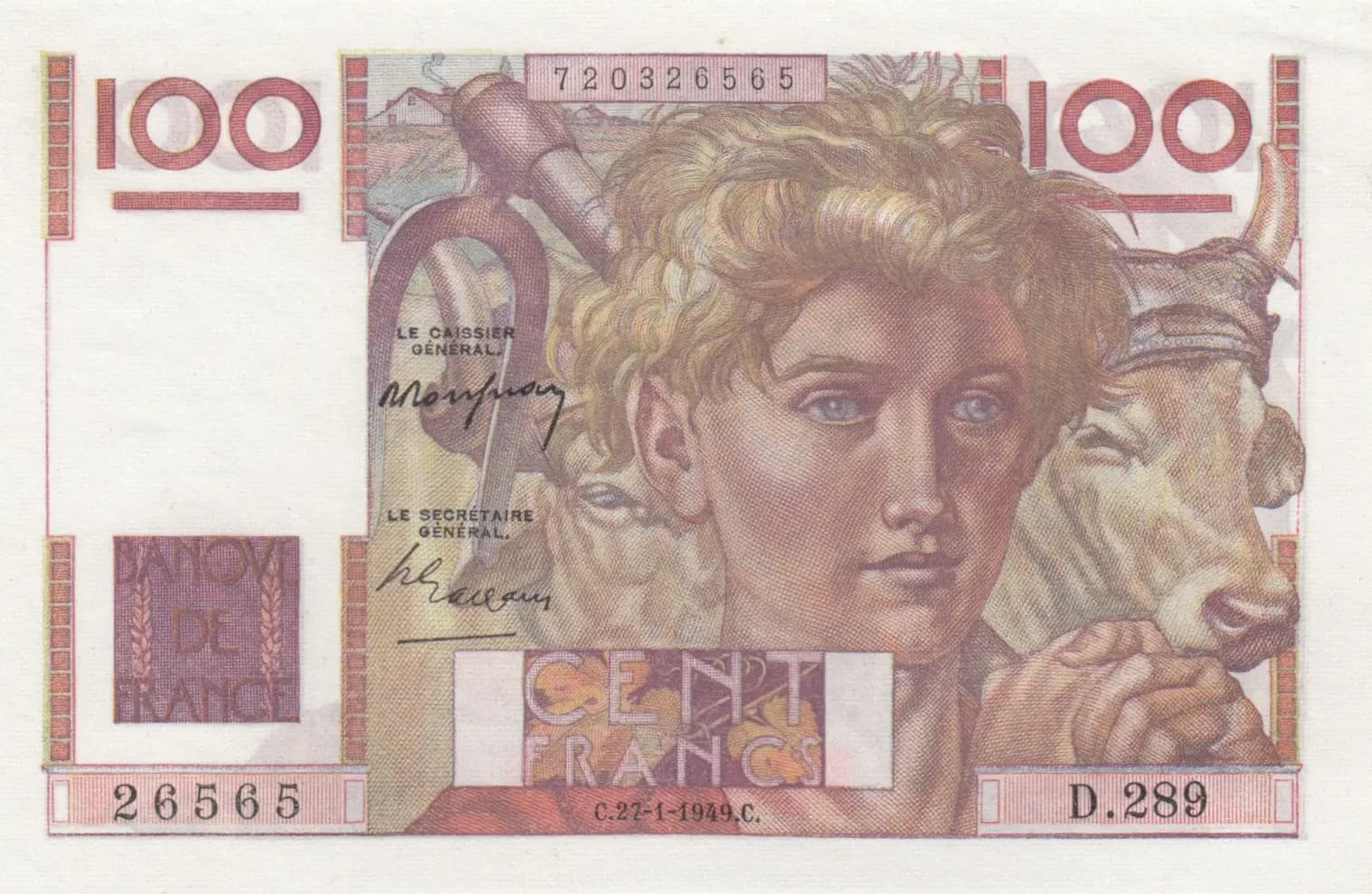 100 francs 1949 from France, P-128b