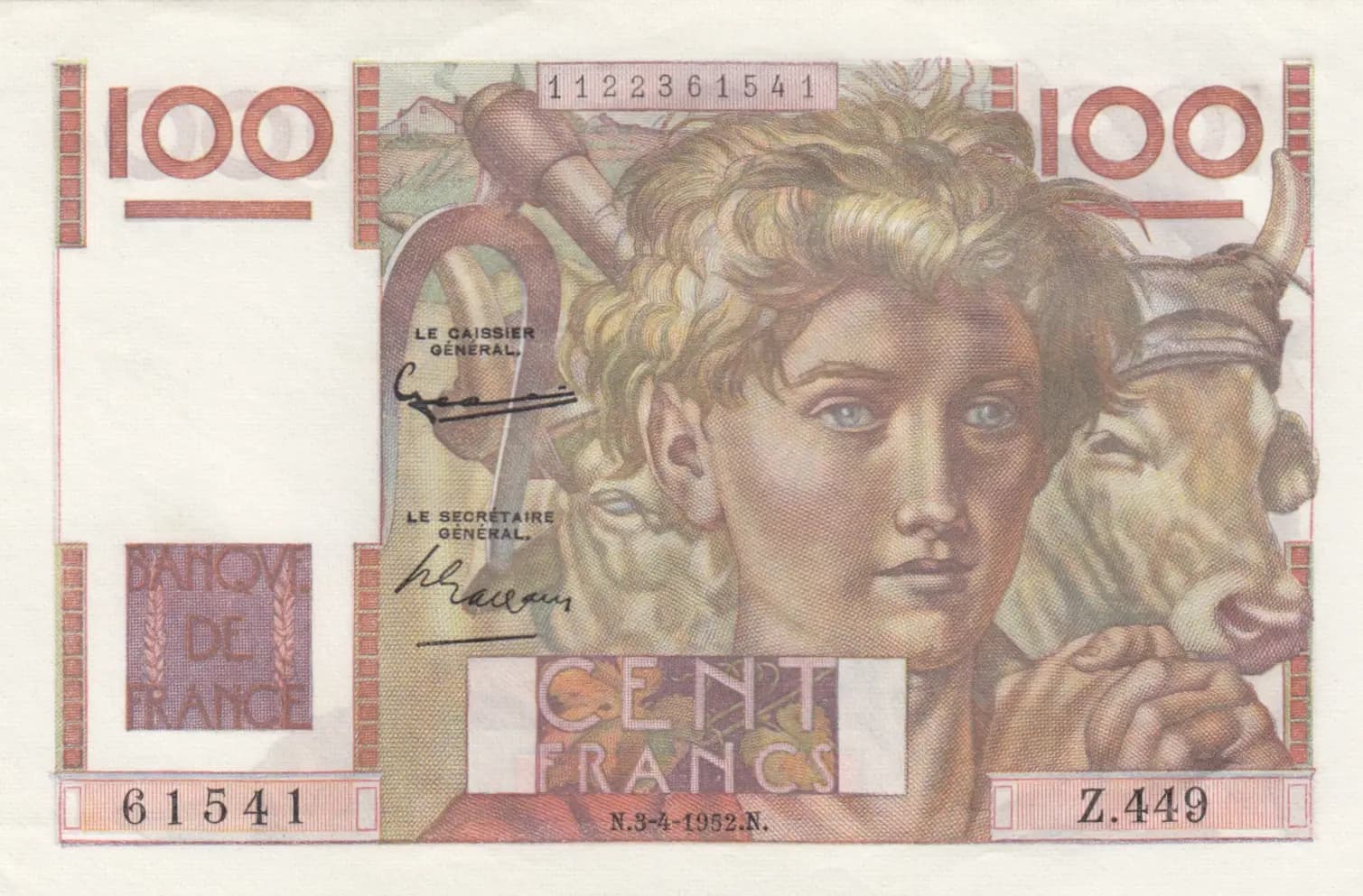 100 francs 1952 from France, P-128d (1952) — image 1