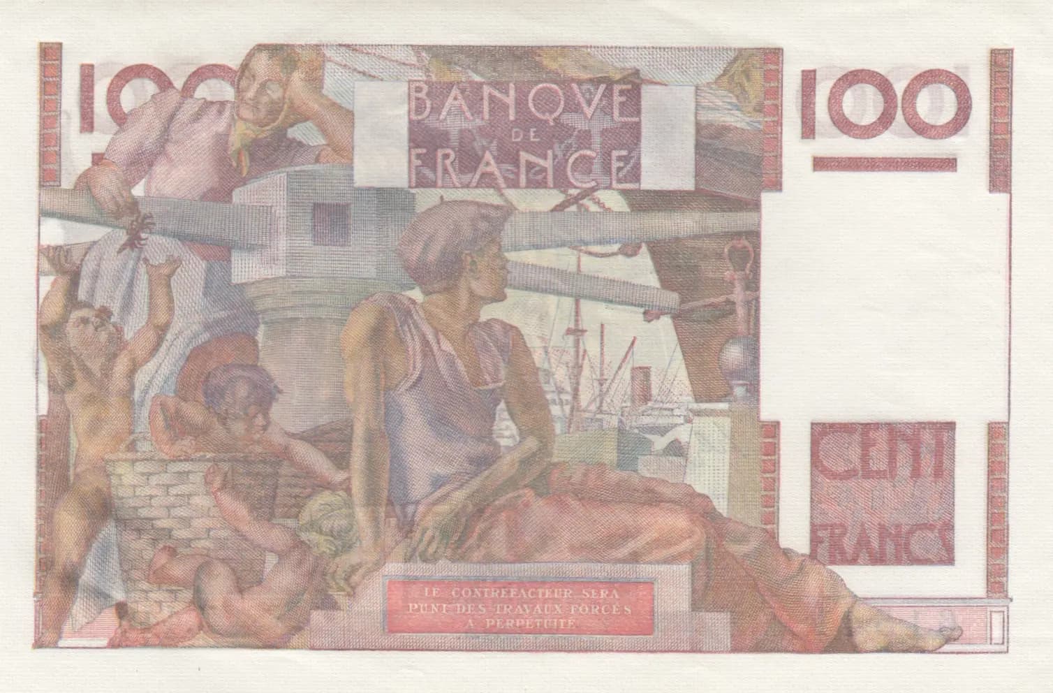100 francs 1952 from France, P-128d (1952) — image 2