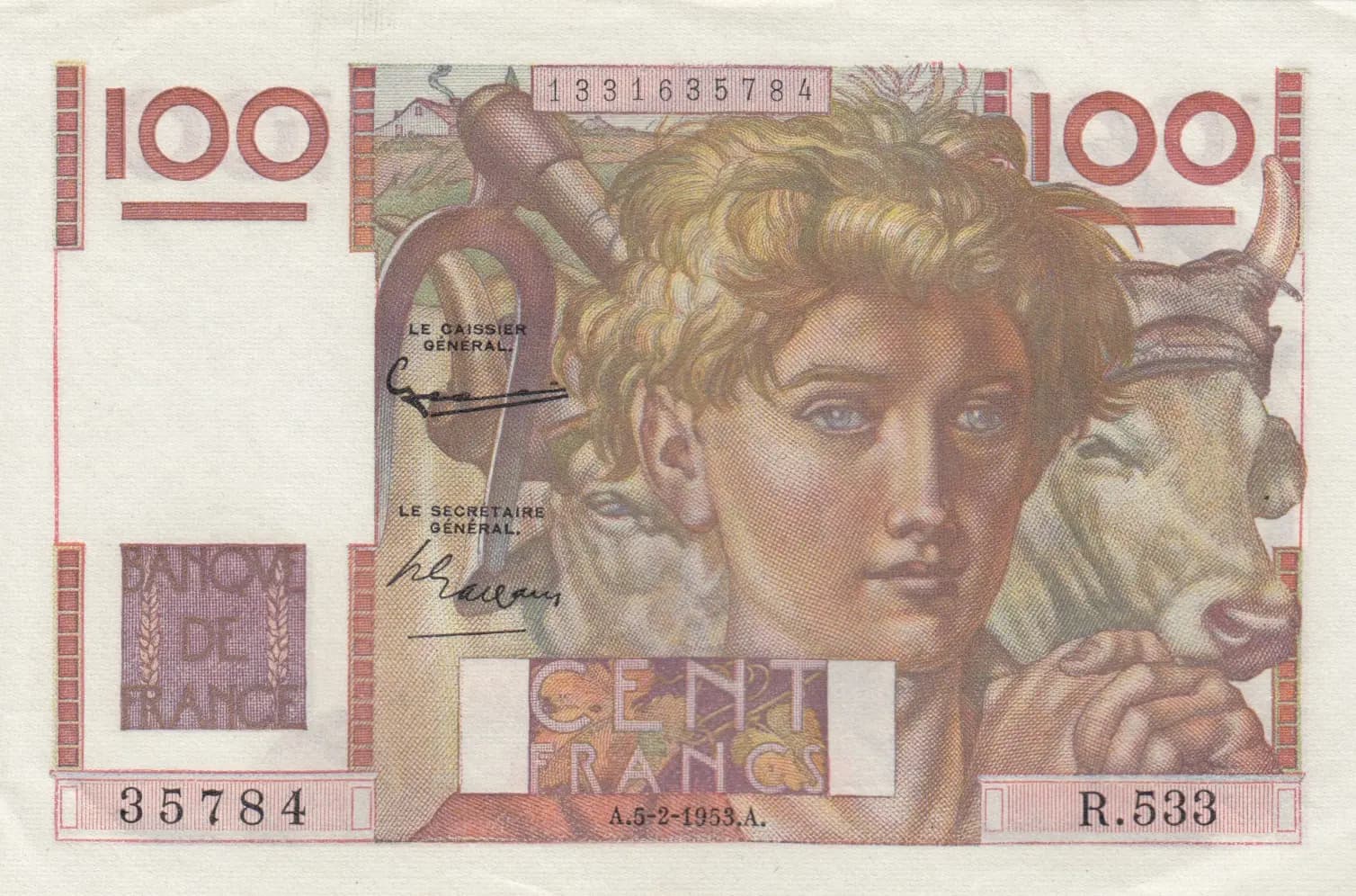 100 francs 1953 from France, P-128d