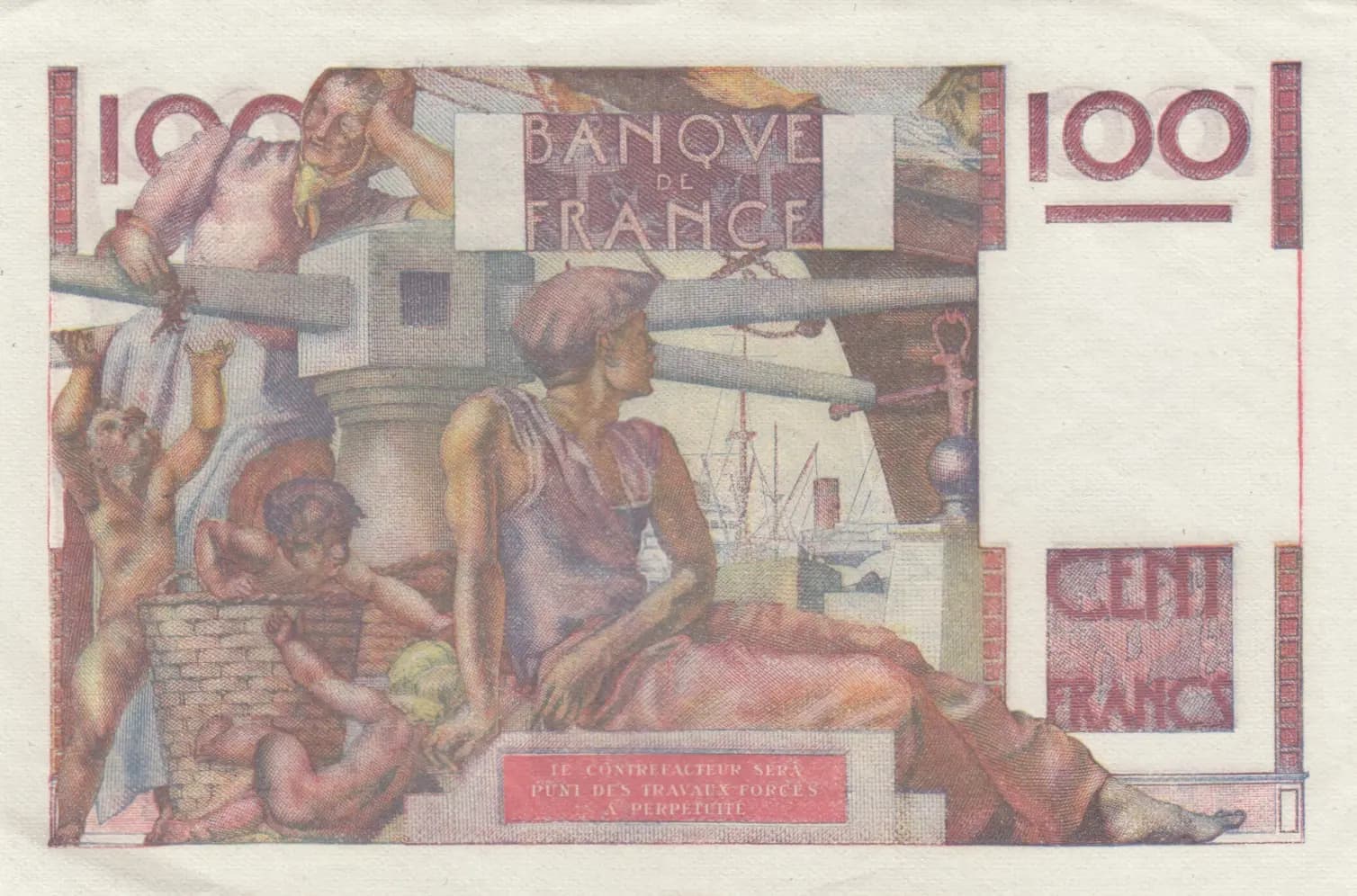 100 francs 1953 from France, P-128d (1953) — image 2
