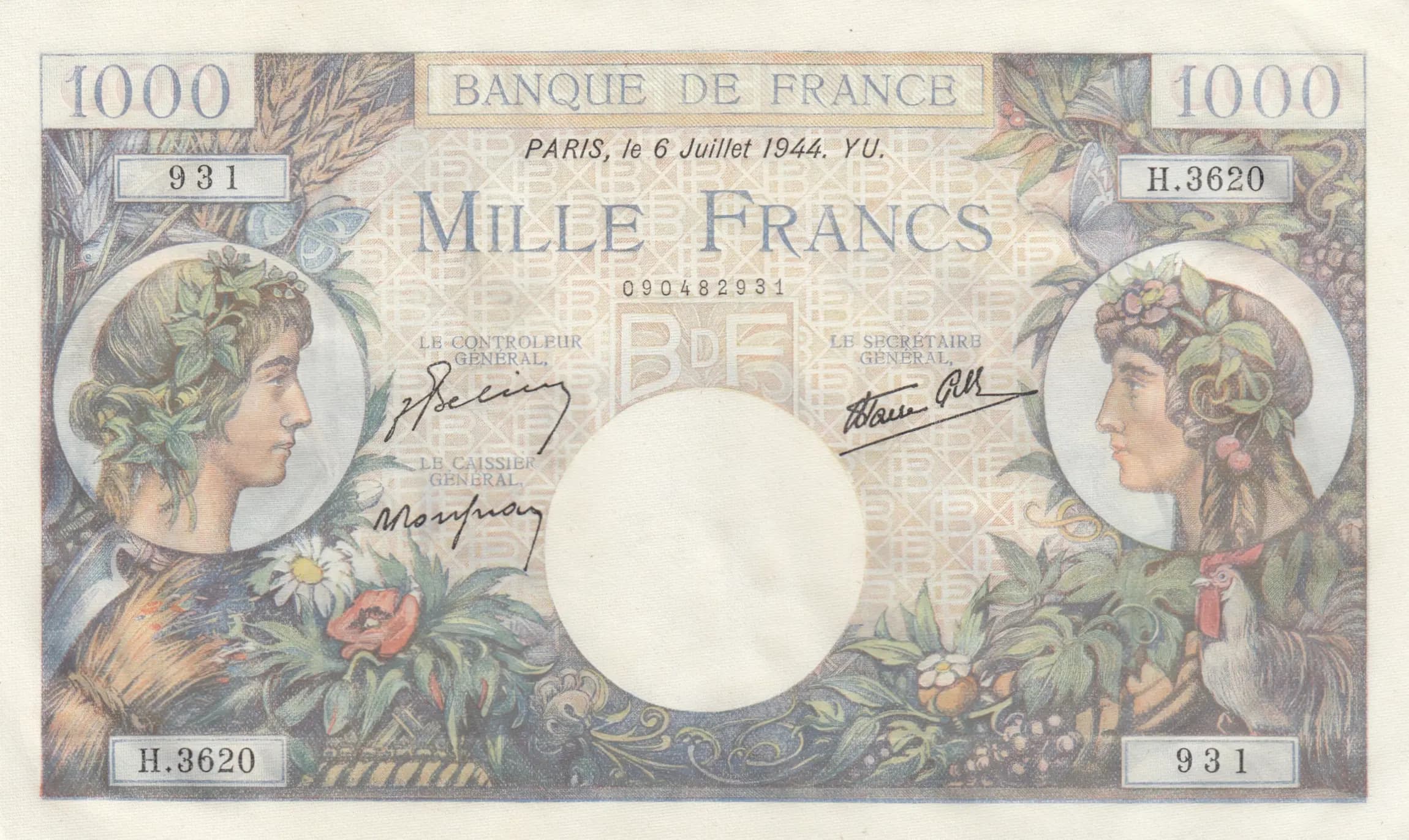 1000 francs 1944 from France, P-96c (1944) — image 1