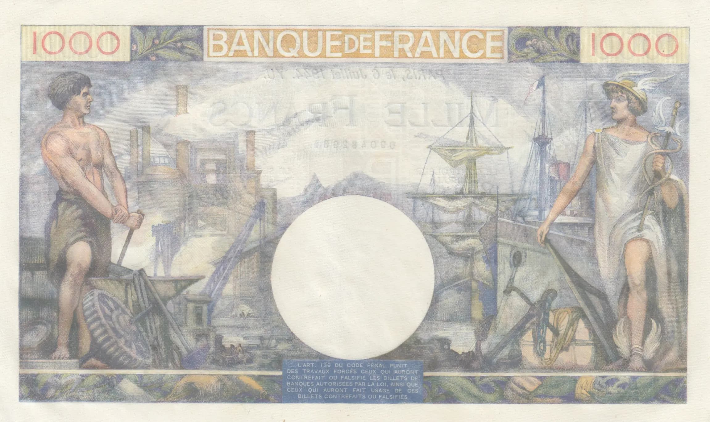 1000 francs 1944 from France, P-96c (1944) — image 2