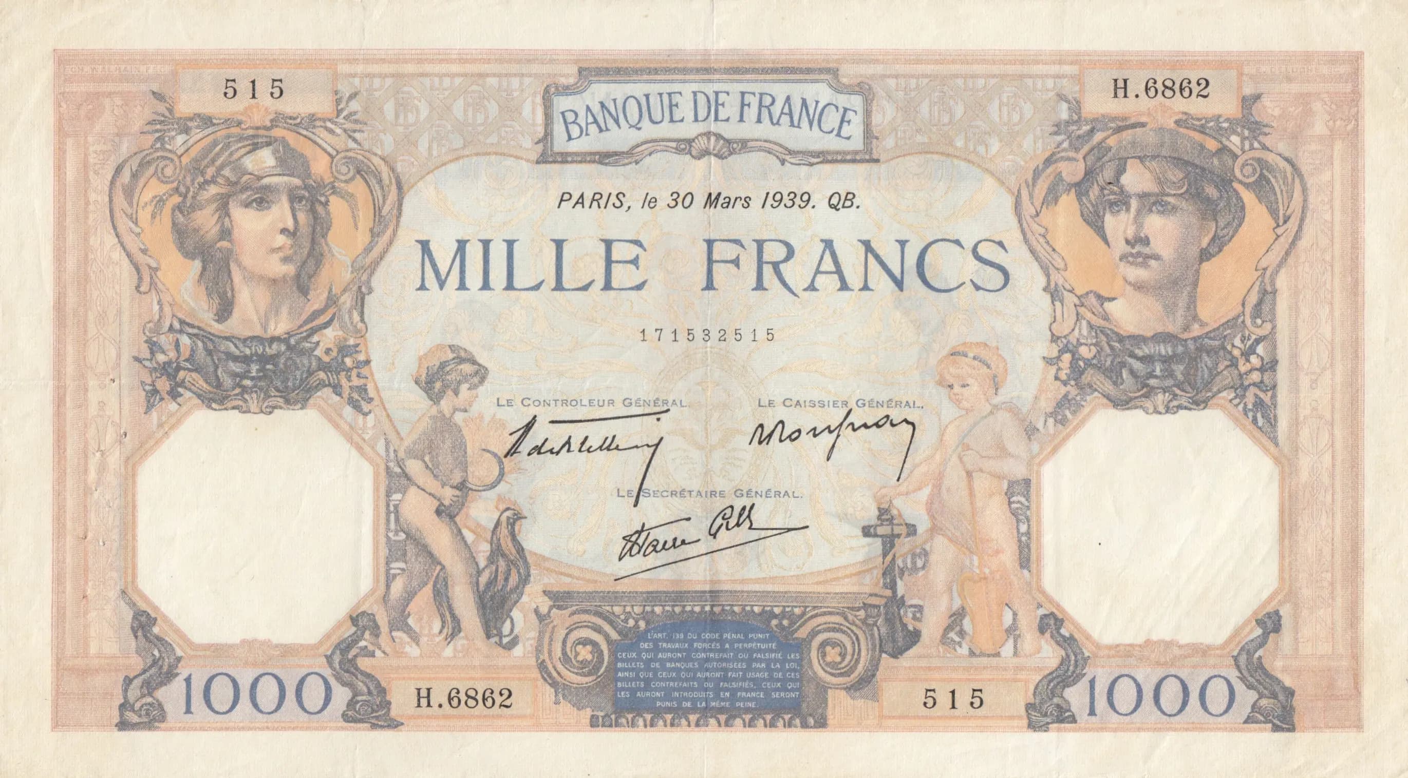 1000 francs 1939 from France, P-90c (1939) — image 1