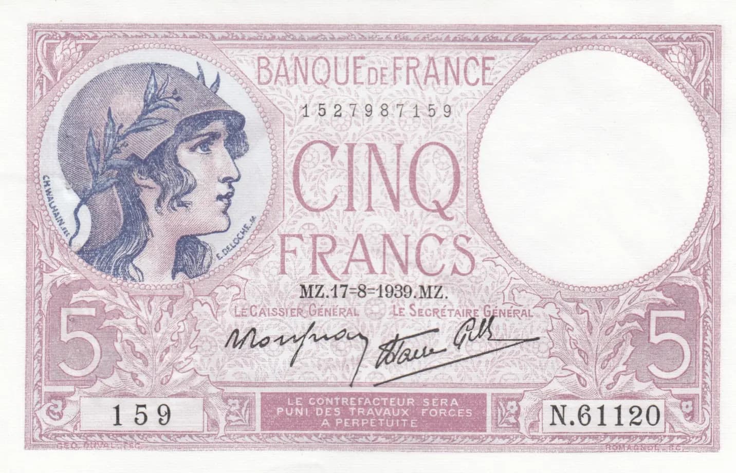 5 francs 1939 from France, P-83