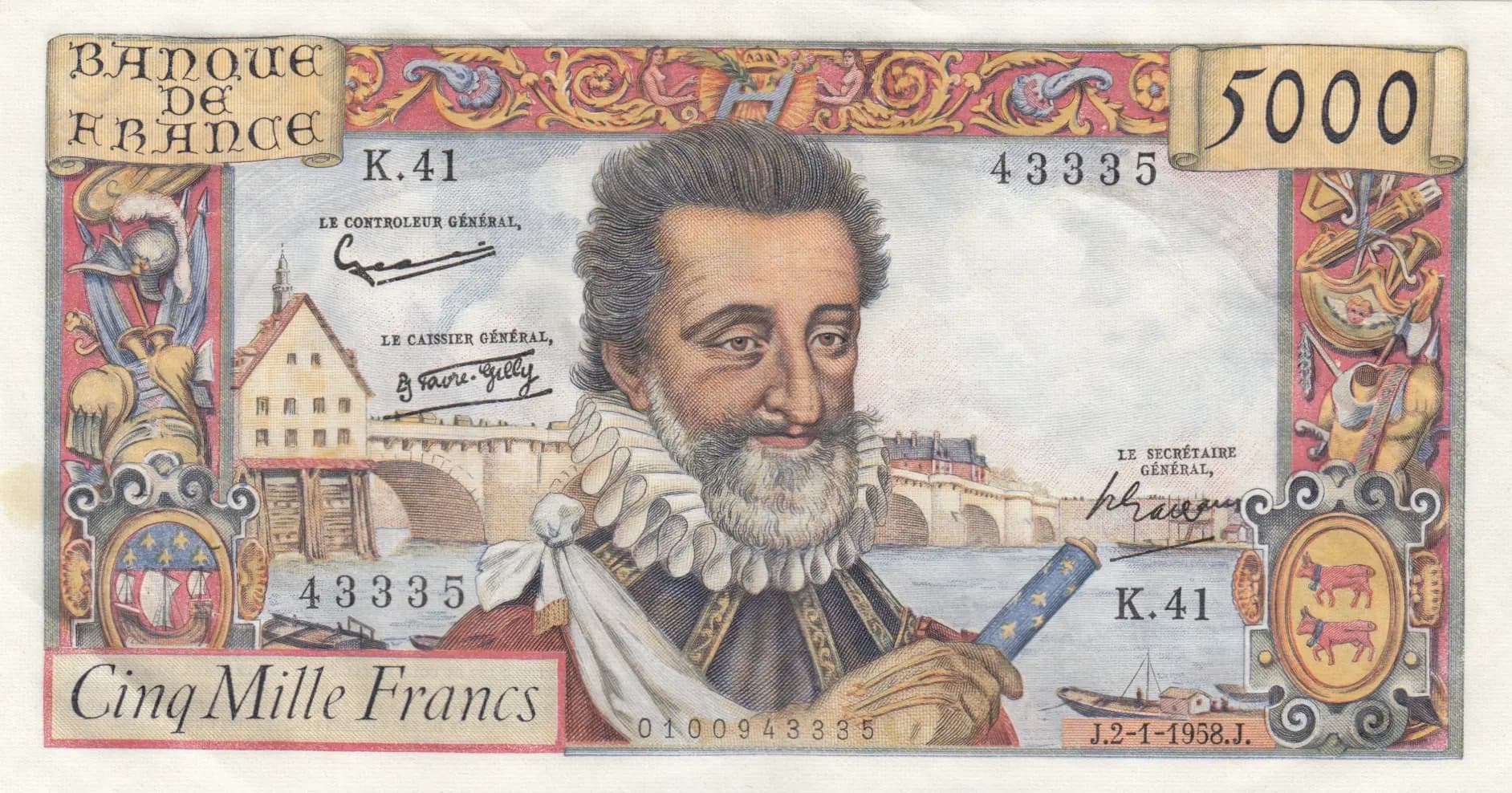 5000 francs 1958 from France, P-135 (1958) — image 1