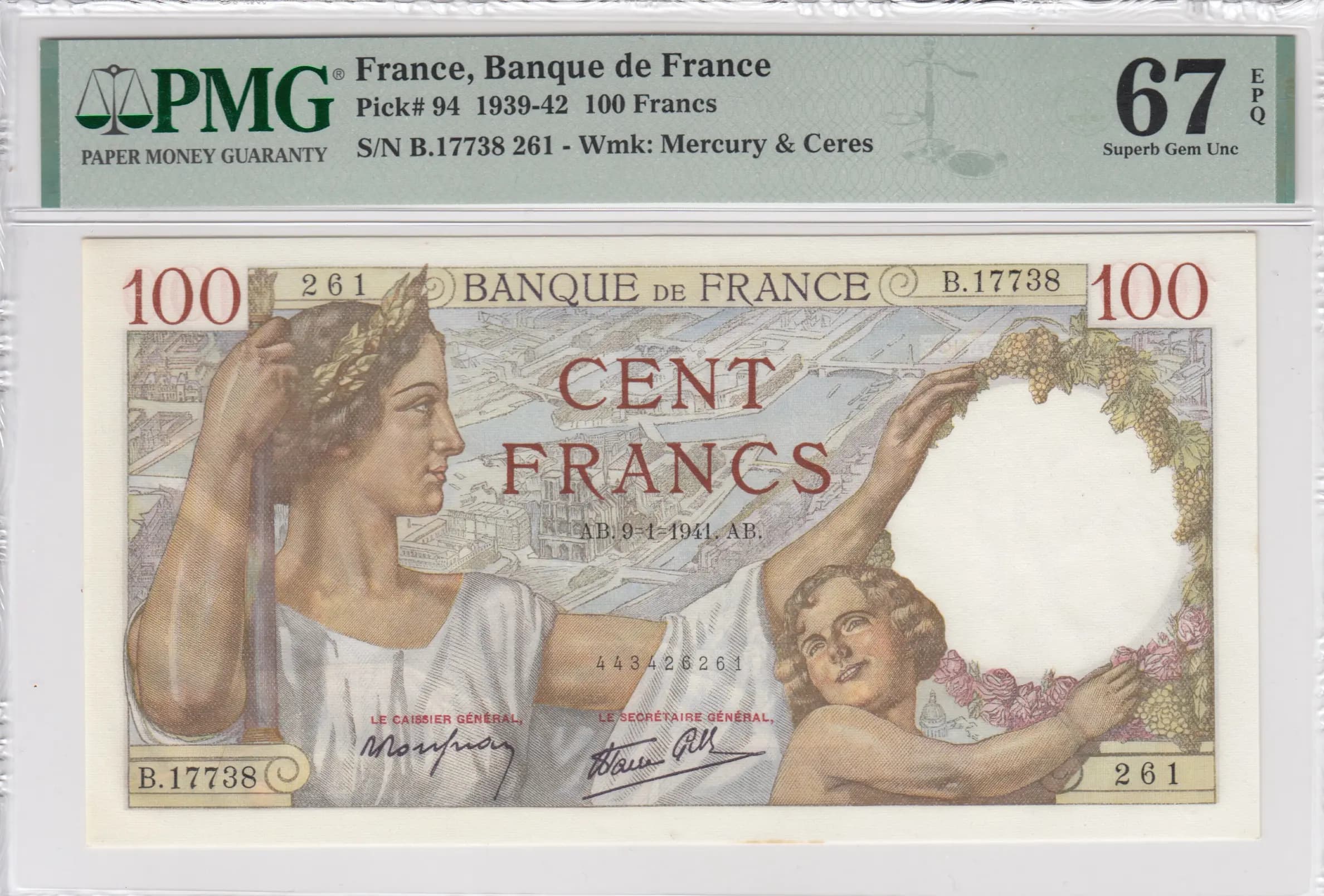 100 francs 1941 from France, P-94