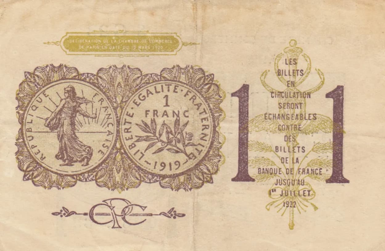 1 franc 1919 from France, P-- (1919) — image 2