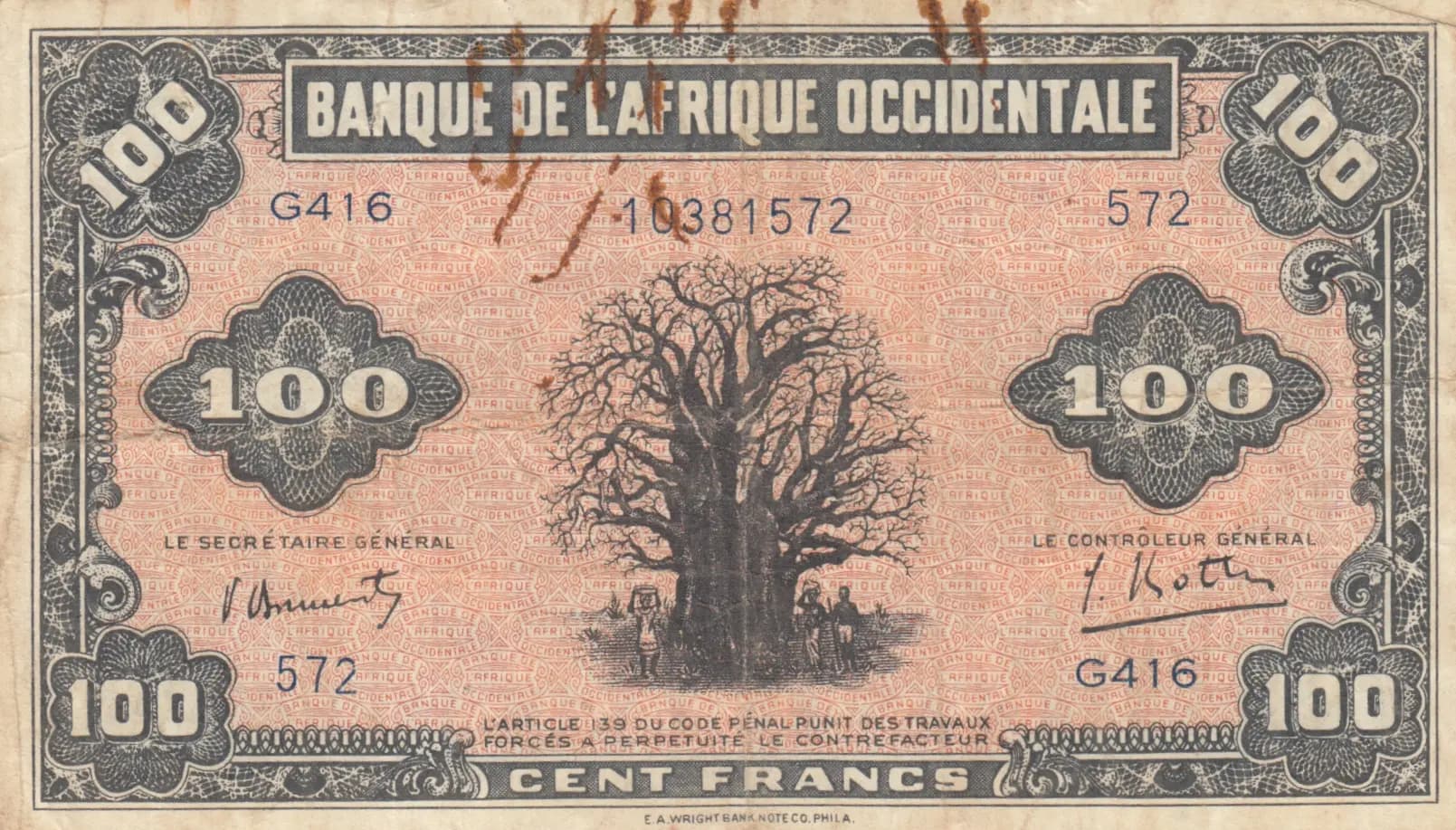 100 francs 1942 from French West Africa, P-31a (1942) — image 1