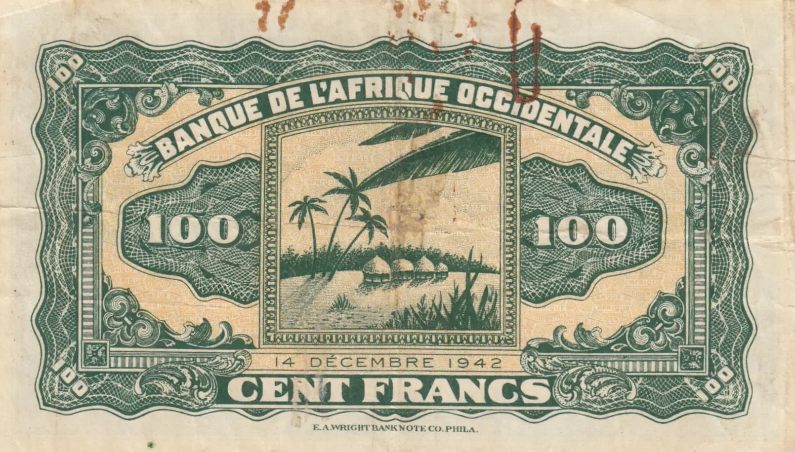 100 francs 1942 from French West Africa, P-31a (1942) — image 2