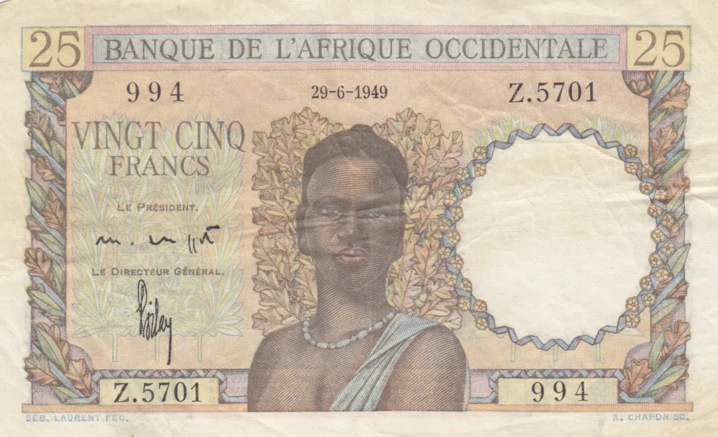 25 francs 1949 from French West Africa, P-38 (1949) — image 1