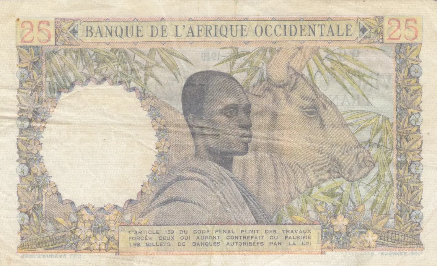 25 francs 1949 from French West Africa, P-38 (1949) — image 2