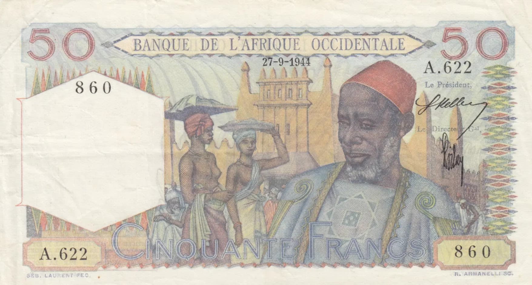 50 francs 1944 from French West Africa, P-39