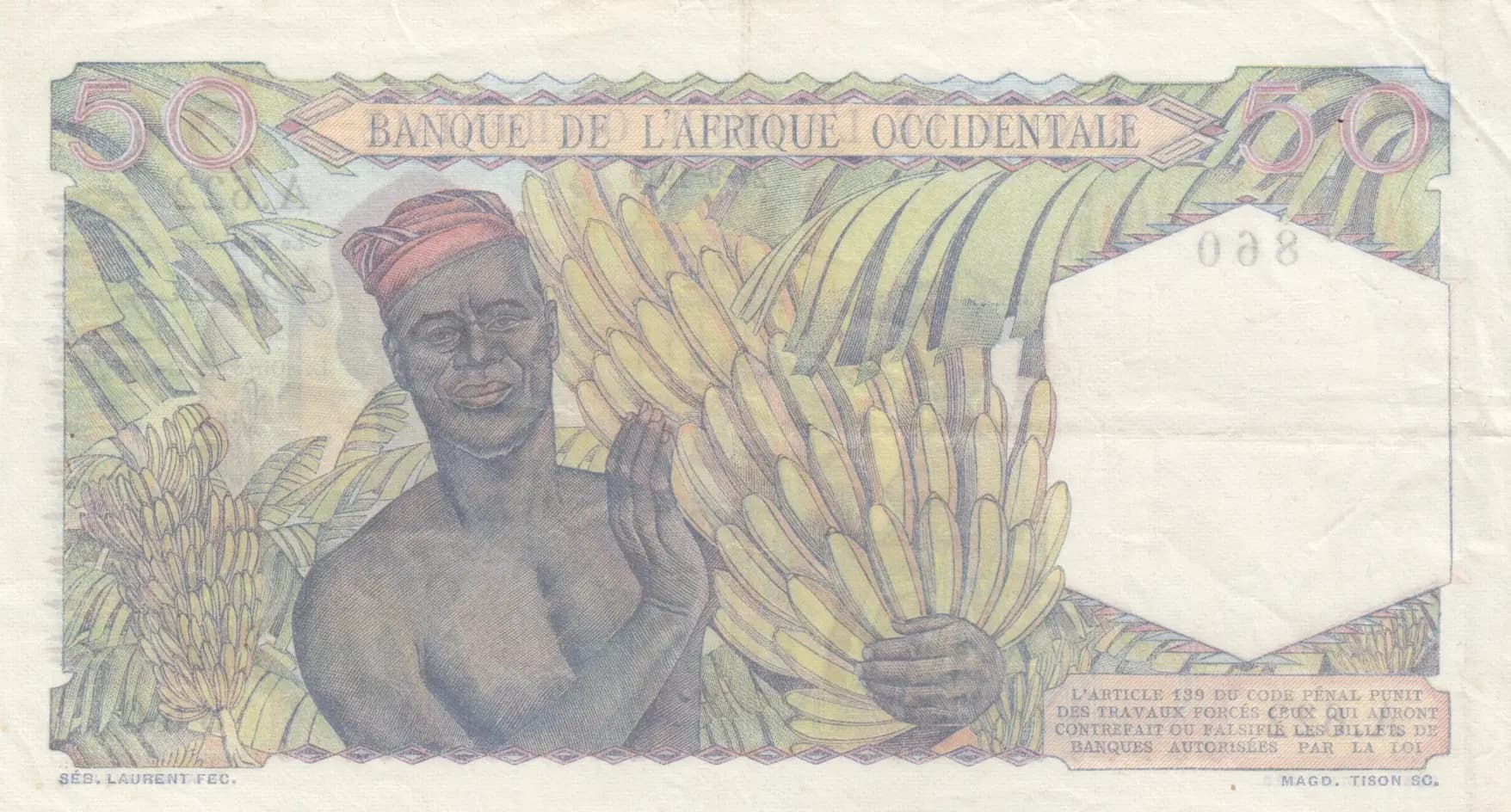 50 francs 1944 from French West Africa, P-39 (1944) — image 2