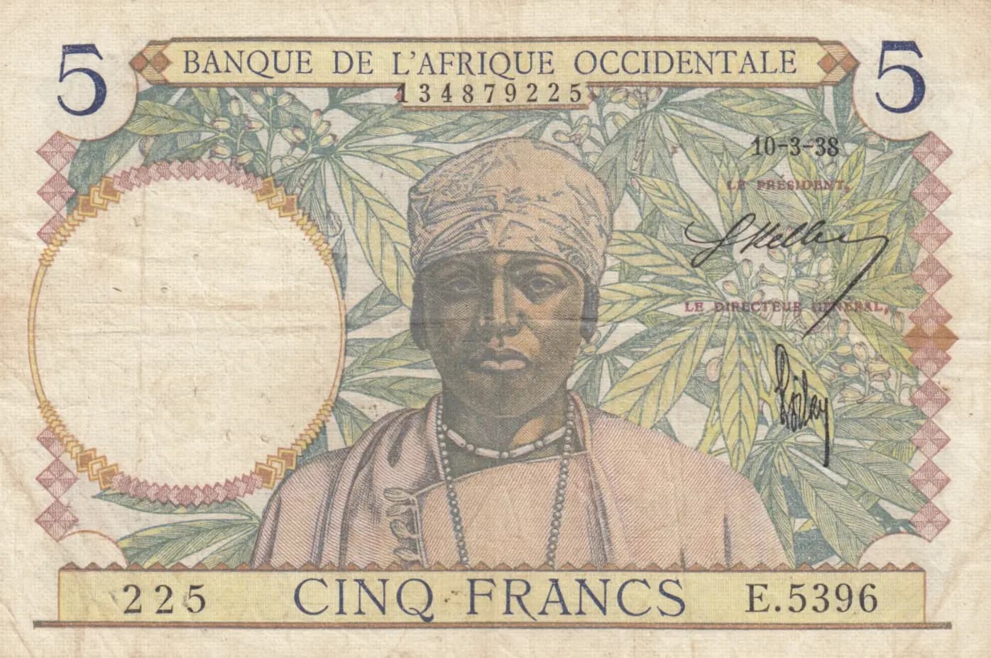 5 francs 1938 from French West Africa, P-21